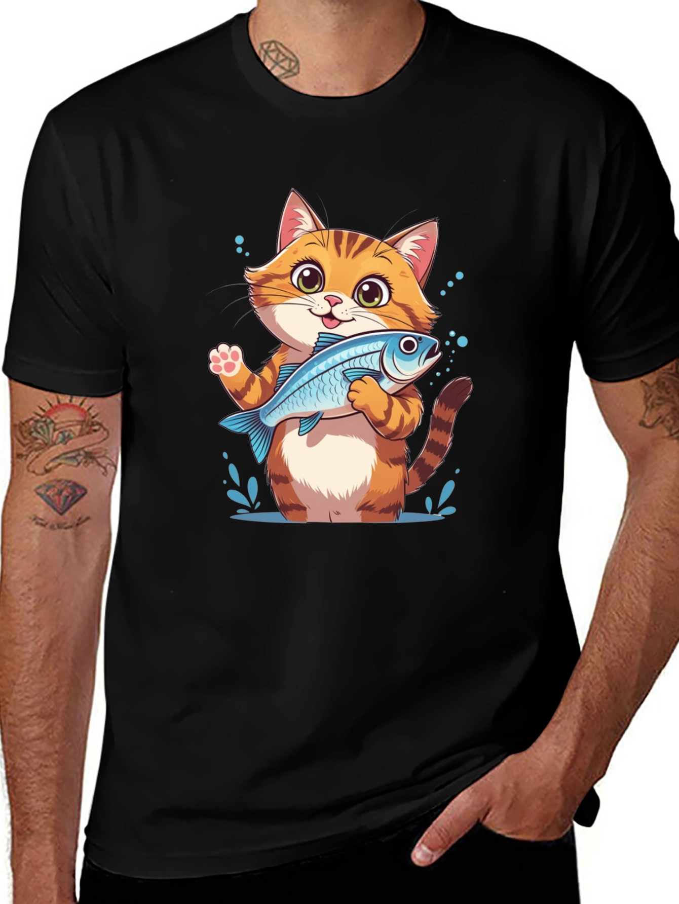 Variant 7 of Cute Cat Holding Fish Graphic Tee