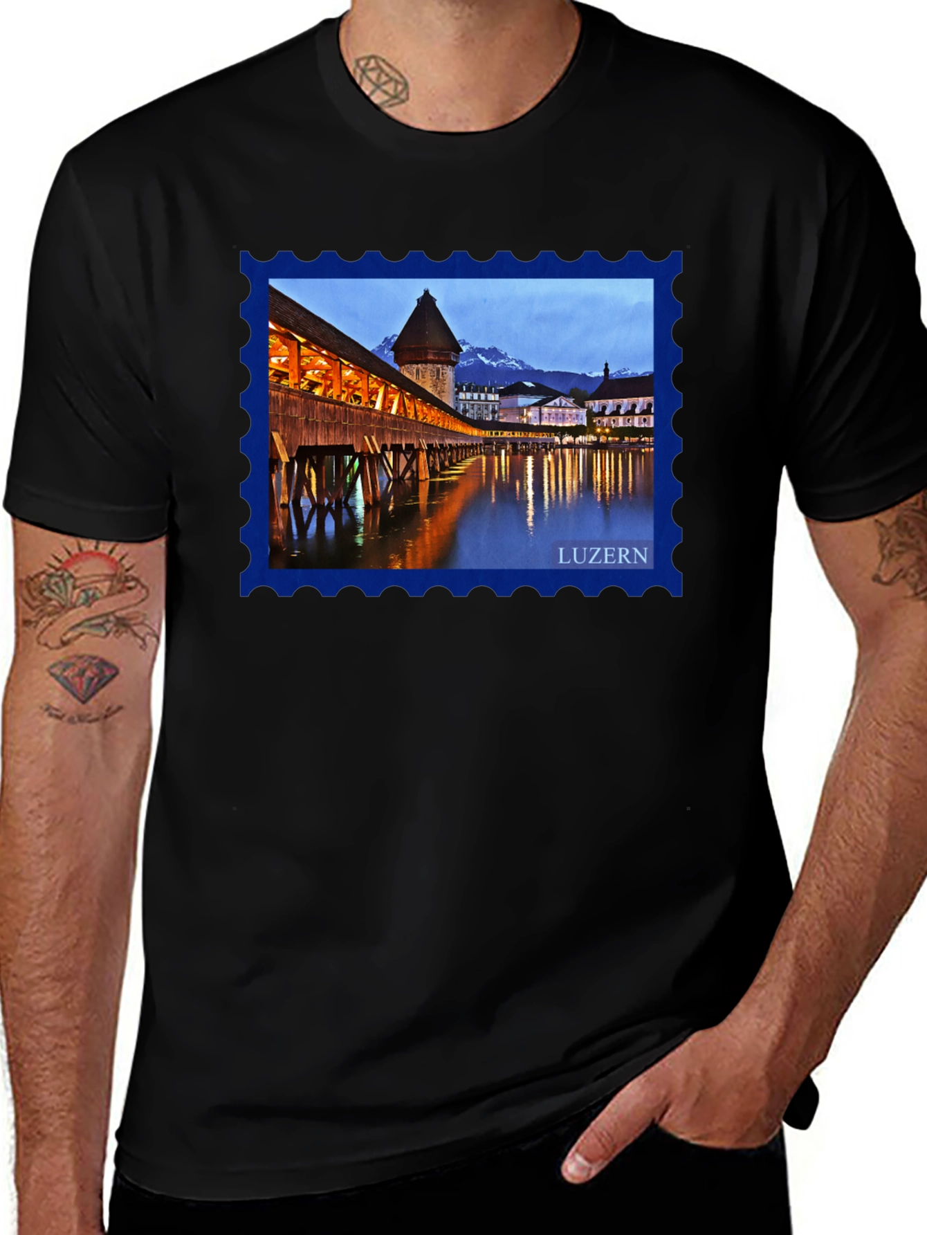 Lucerne Switzerland Stamp T-Shirt - Classic Black Tee