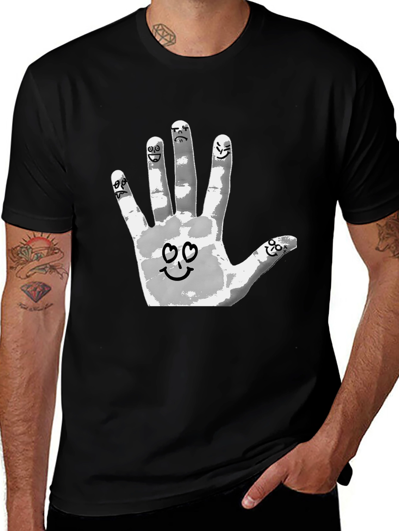 Variant 14 of Funny Hand Emotion Print Black T-Shirt