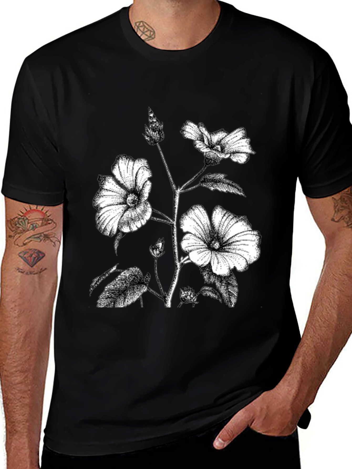 Variant 26 of Black Floral Print Graphic Tee - Botanical Style