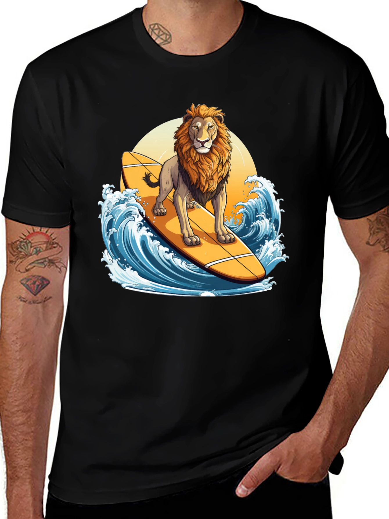 Variant 20 of Lion Surfing Graphic Tee - Cool Animal Lover Shirt