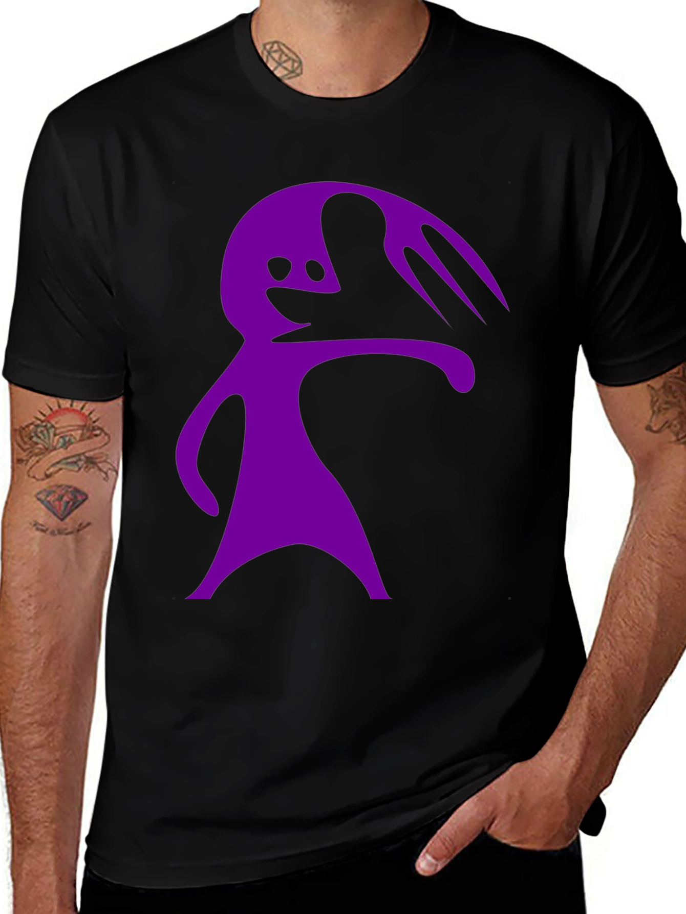 Purple Cartoon Character Graphic Black T-Shirt