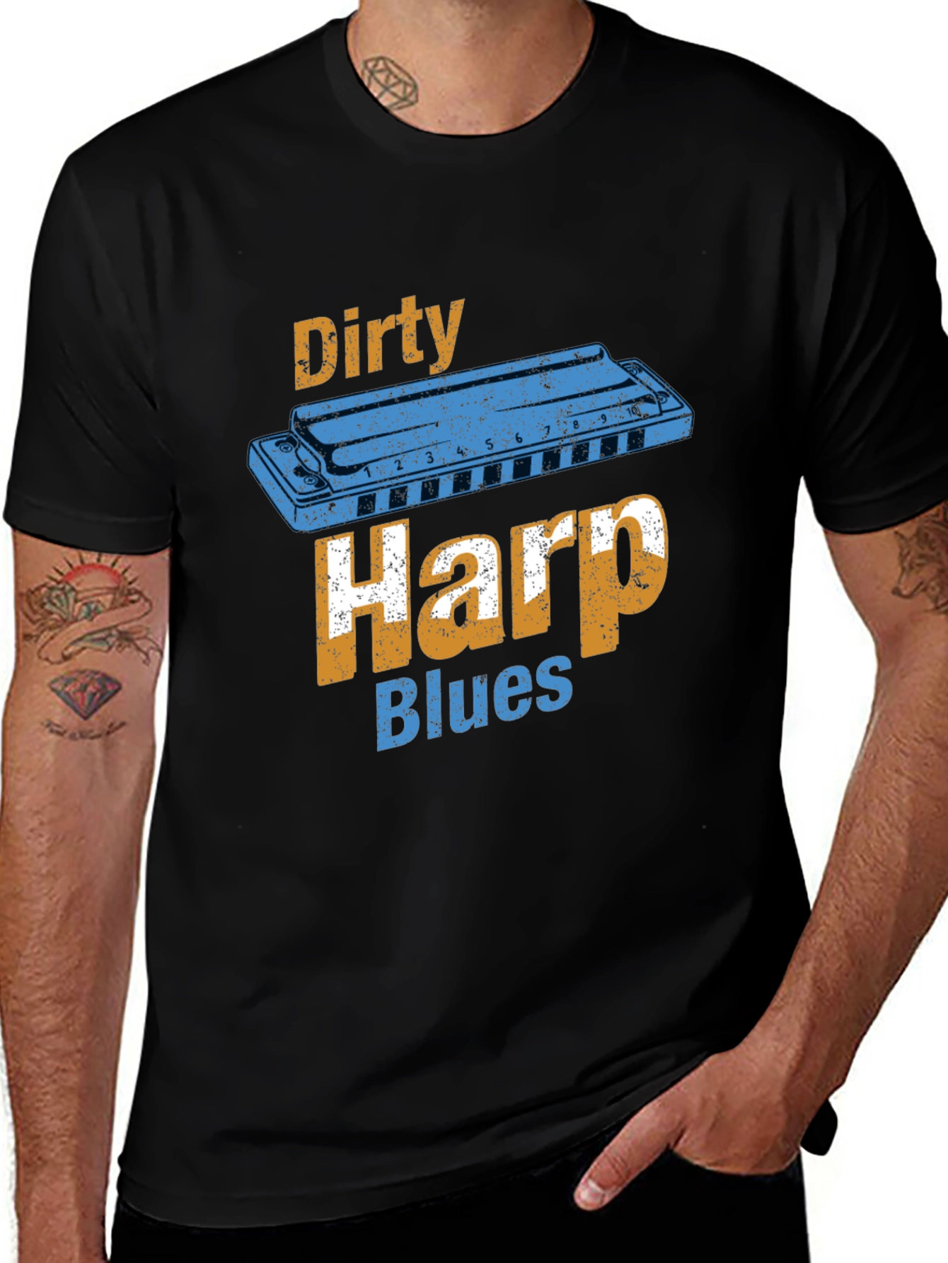 Black Dirty Harp Blues T-Shirt - Music Lover Tee main image