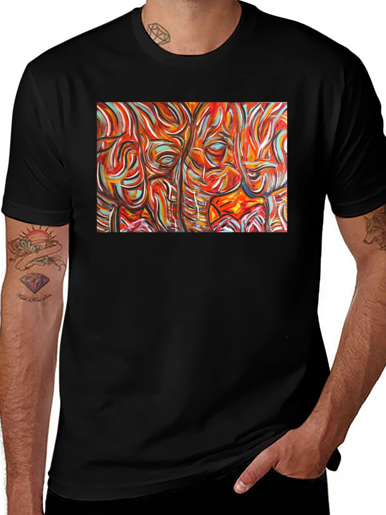Variant 6 of Abstract Elephant Print Black T-Shirt