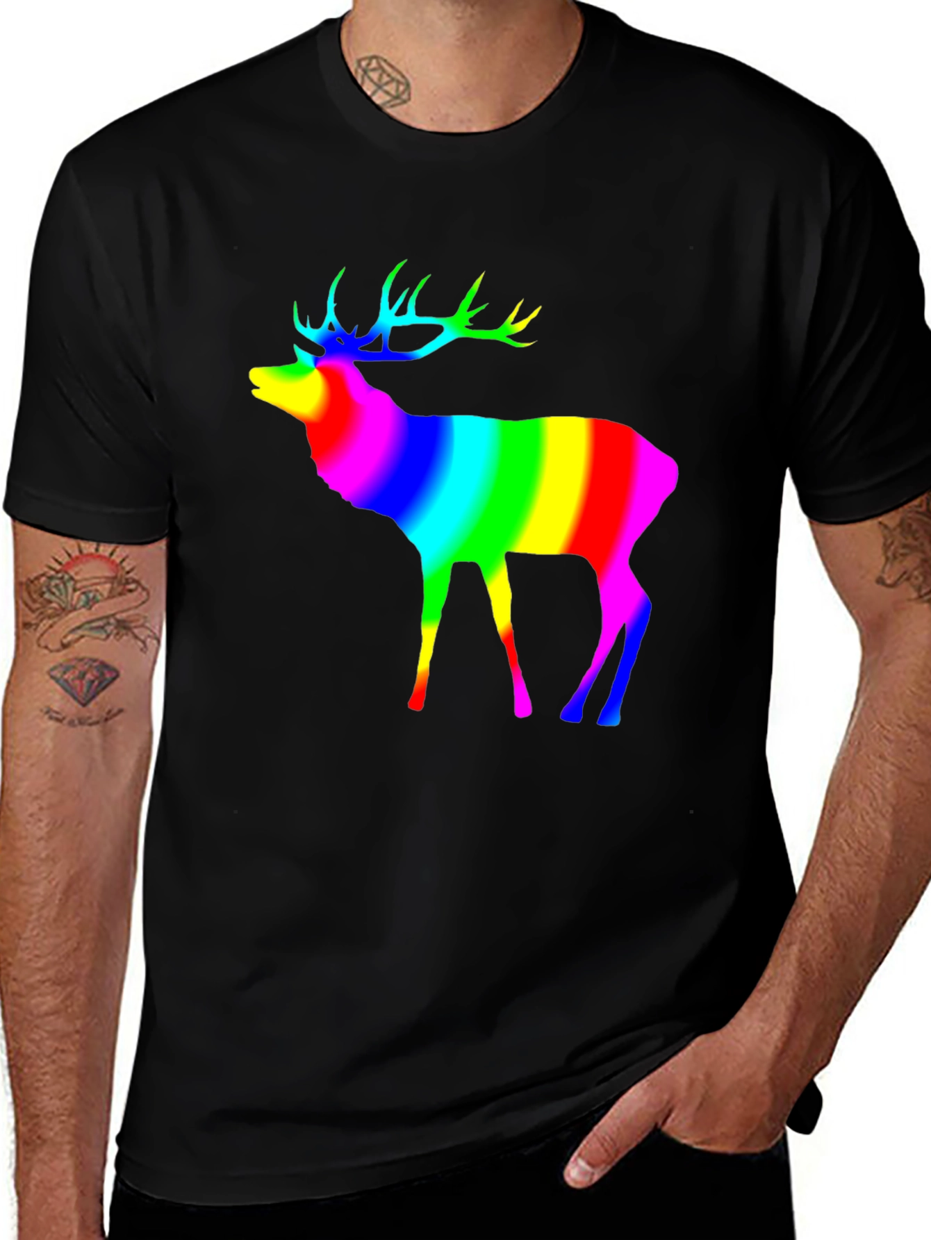 Variant 2 of Rainbow Deer Graphic Tee - Black Cotton T-Shirt