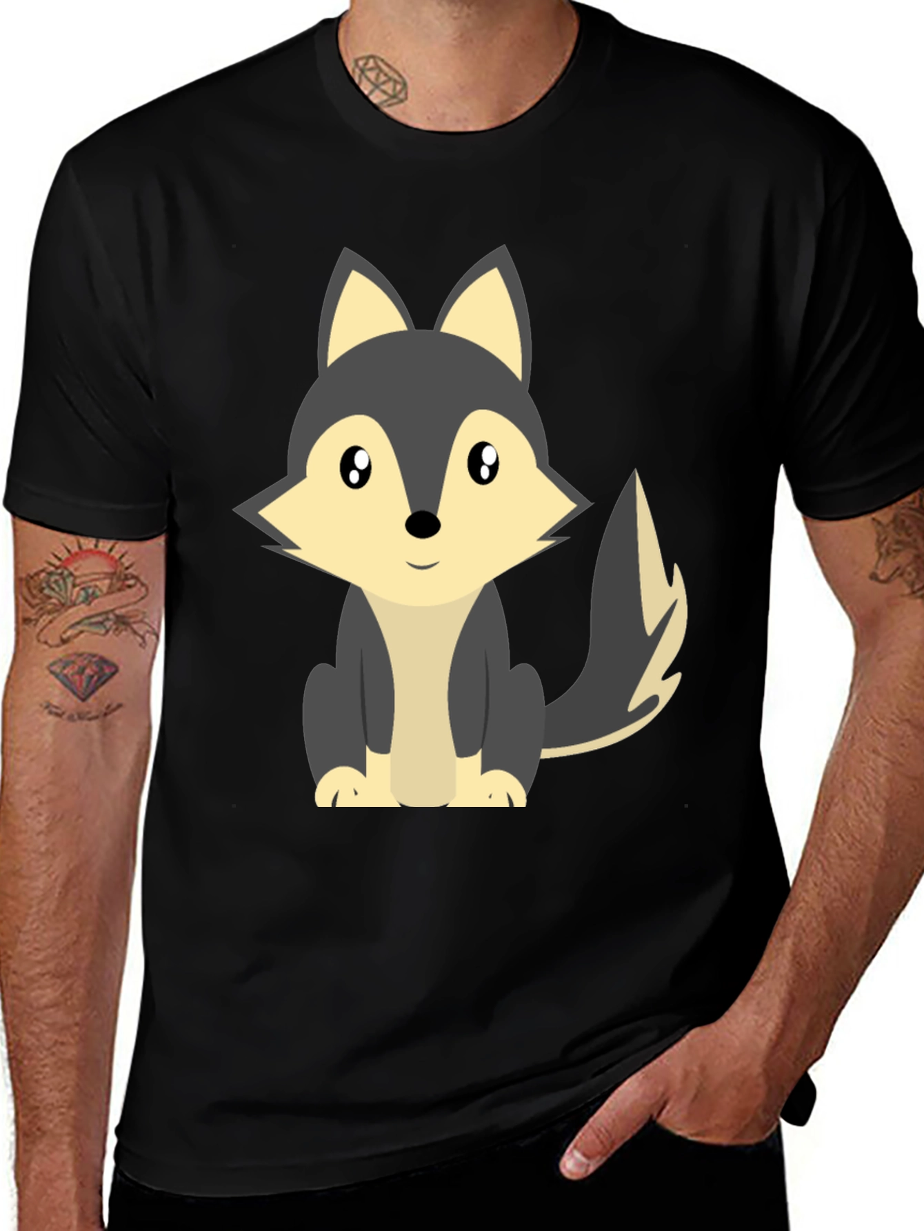 Variant 18 of Cute Cartoon Wolf Graphic Tee - Black