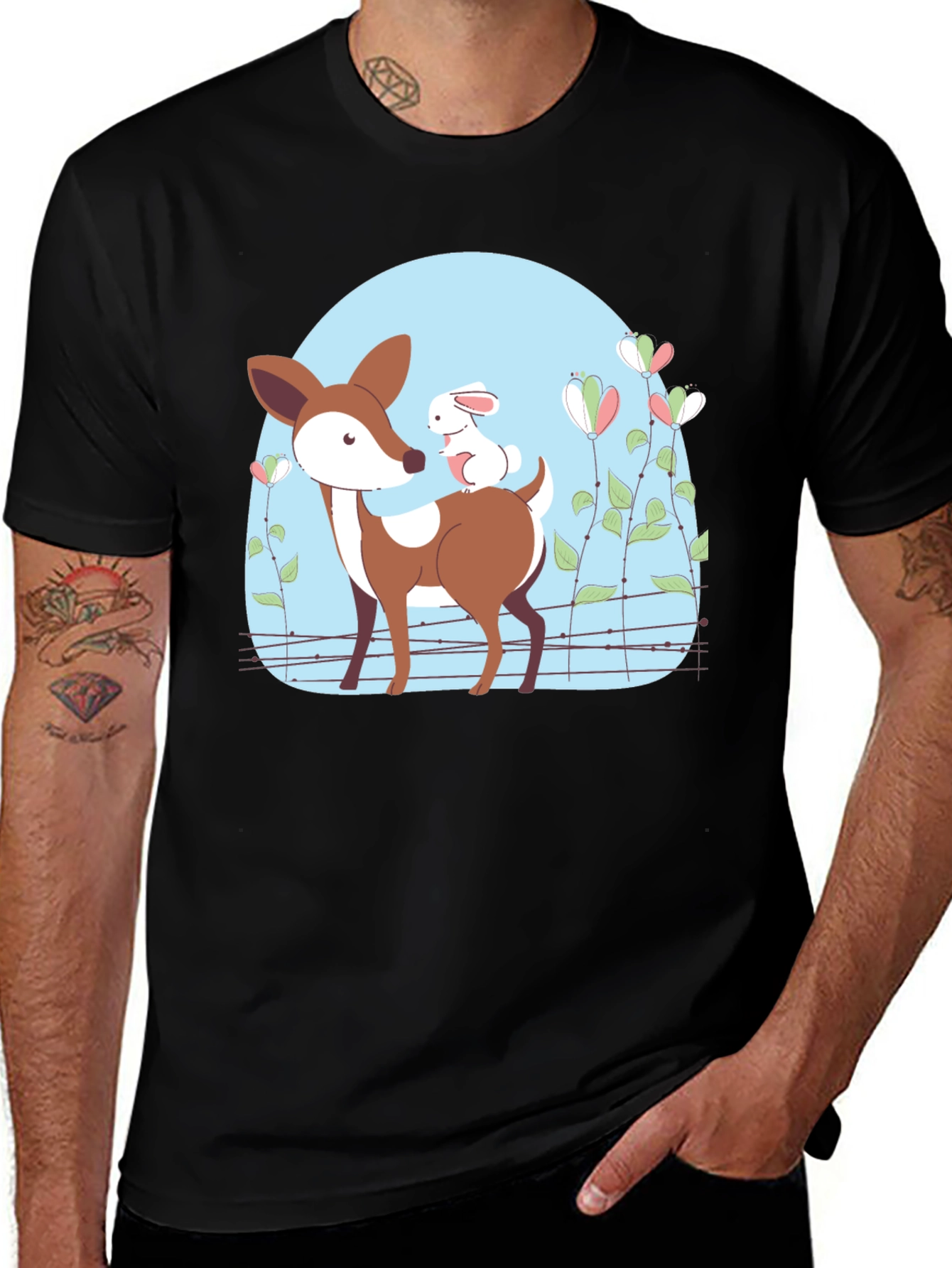 Variant 15 of Cute Deer & Rabbit Graphic Black T-Shirt