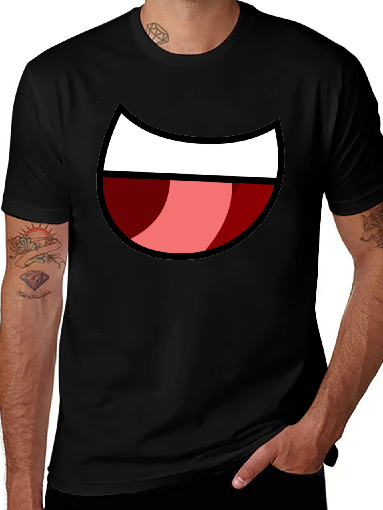 Black Cartoon Mouth Graphic Tee - Black Cotton Blend main image