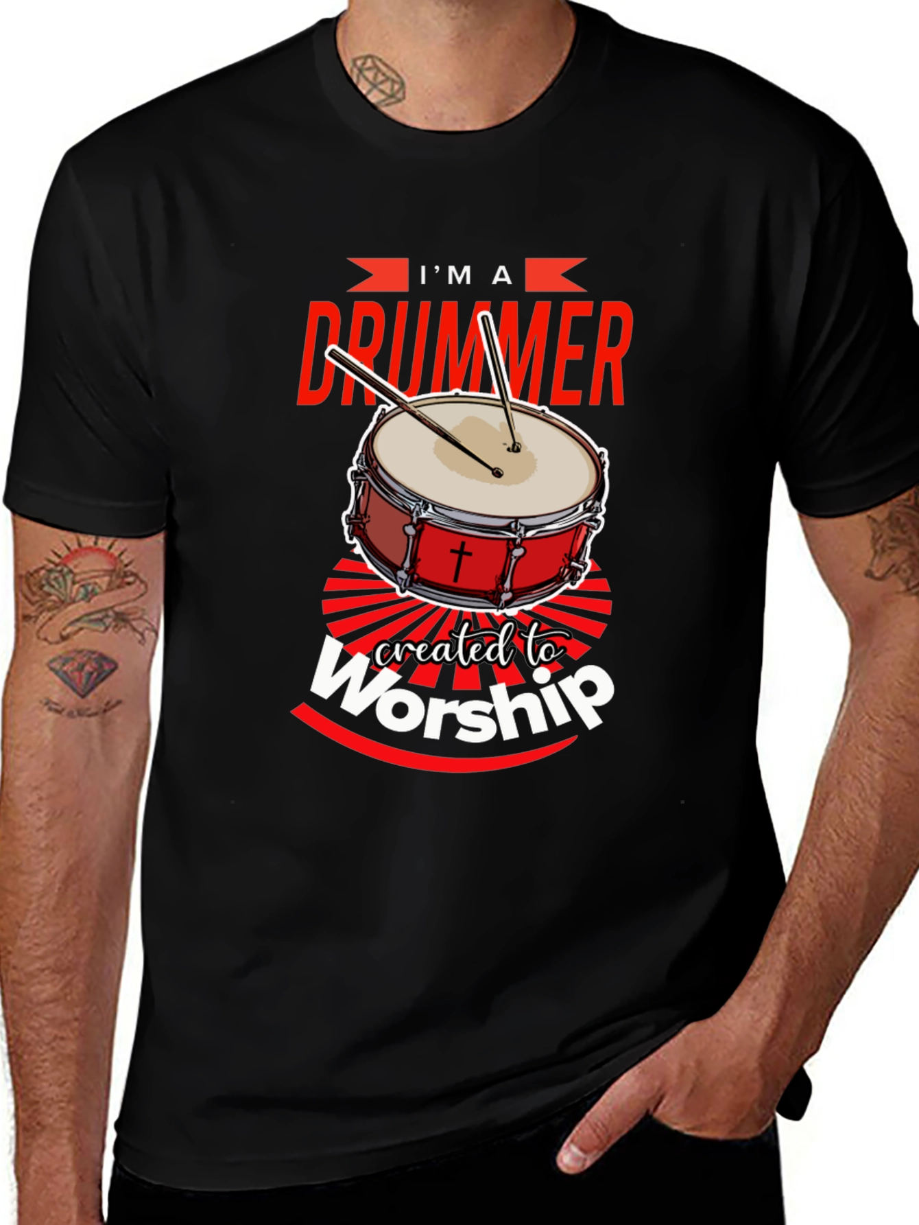 Black I'm A Drummer Created To Worship T-Shirt main image