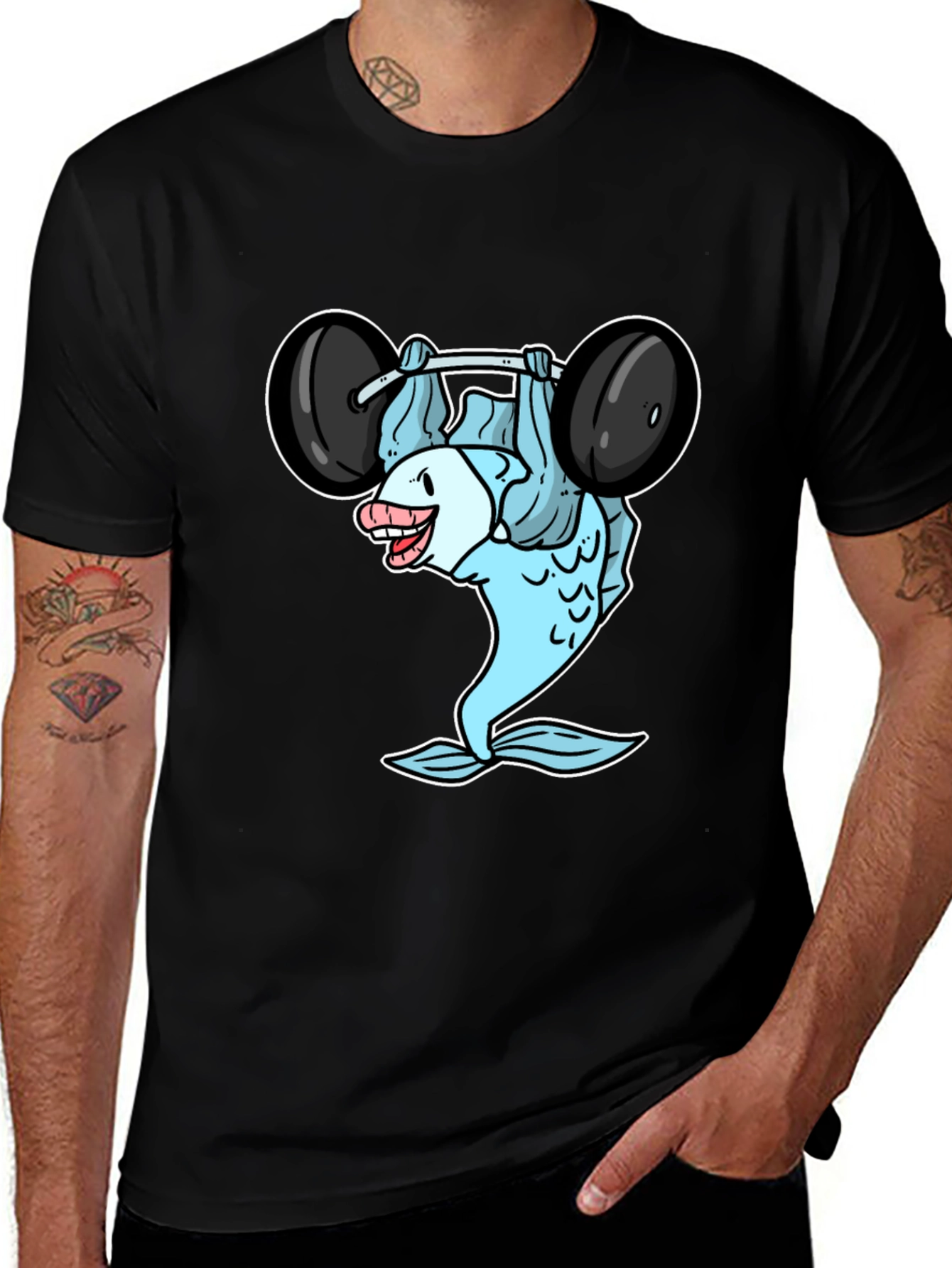 Variant 7 of Funny Fish Lifting Barbell Graphic T-Shirt
