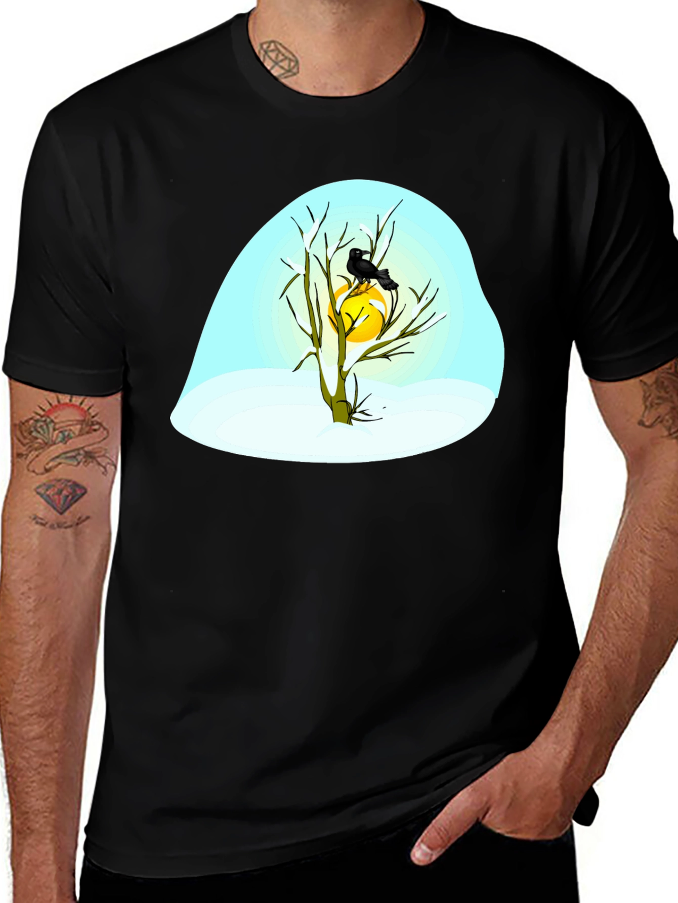 Variant 4 of Winter Raven Graphic Tee - Black Cotton Blend