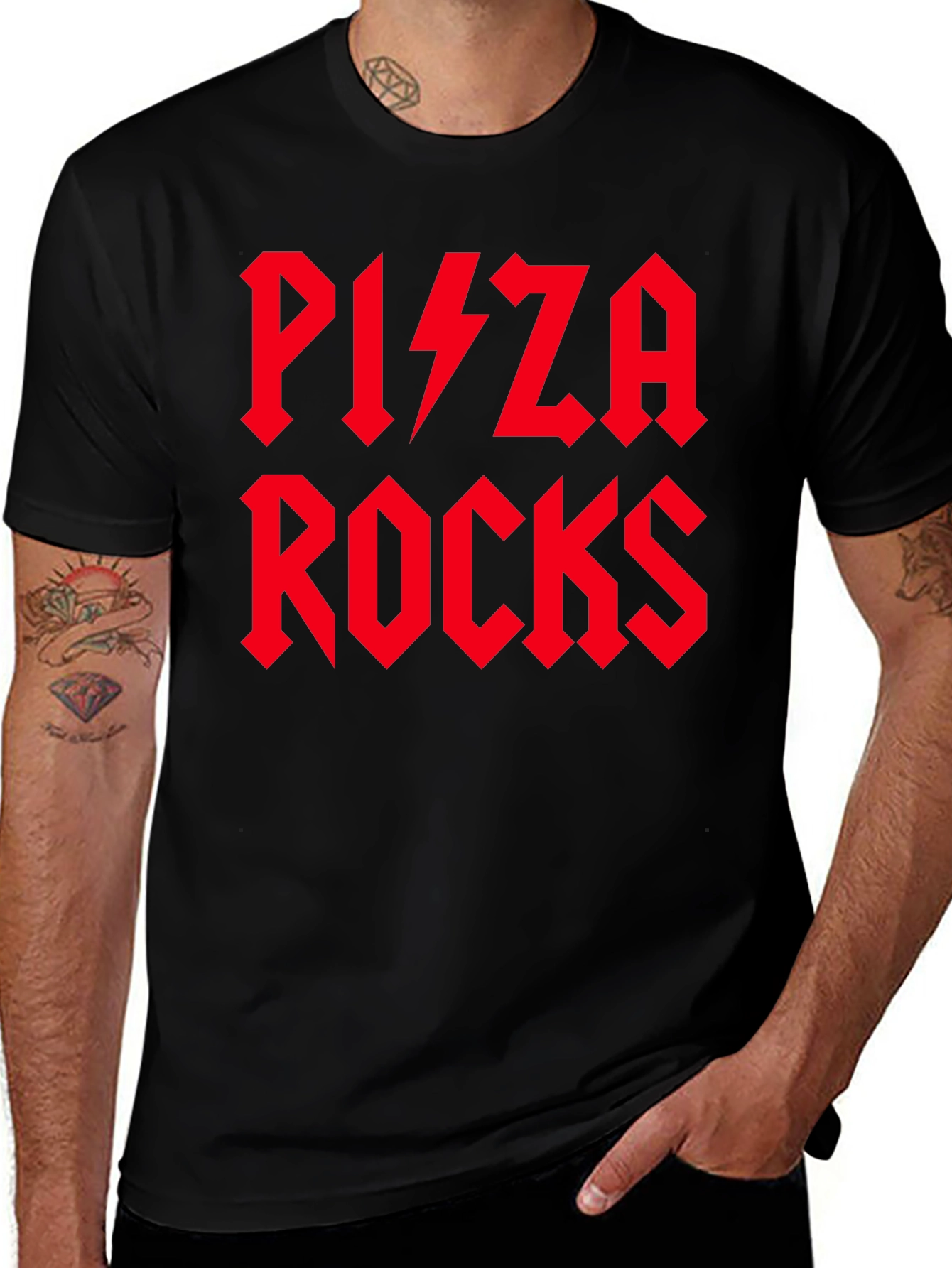 Variant 29 of Pizza Rocks T-Shirt - Red Graphic Print - Black Tee