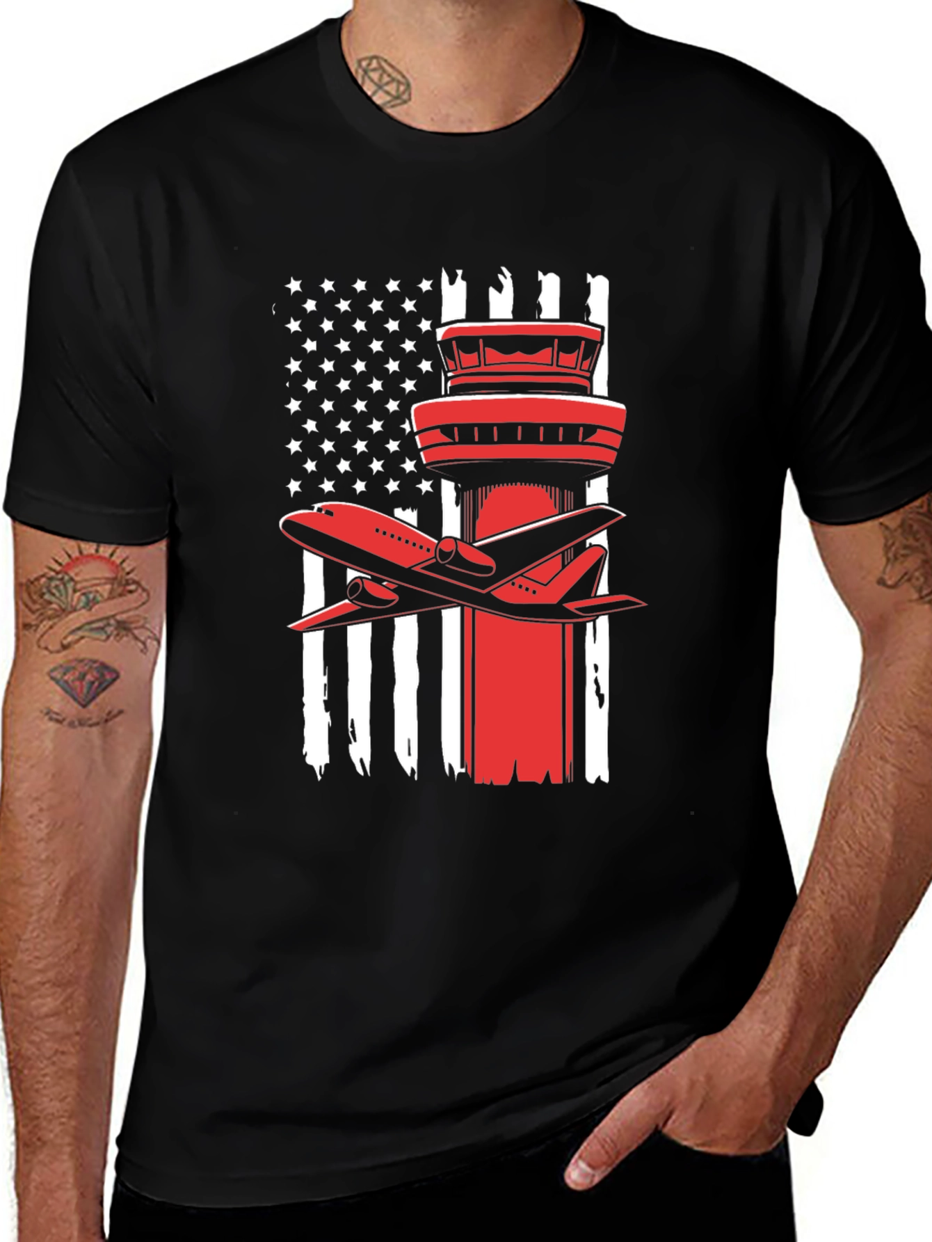 Patriotic Airplane T-Shirt: American Flag Airport Tower