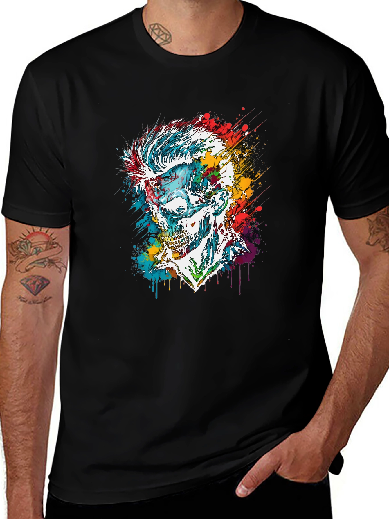 Variant 19 of Colorful Zombie Graphic Tee - Black Crew Neck T-Shirt