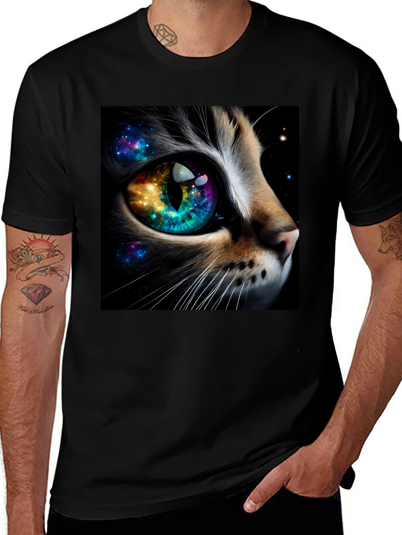 Black Cosmic Cat Eye T-Shirt - Unique Galaxy Design main image
