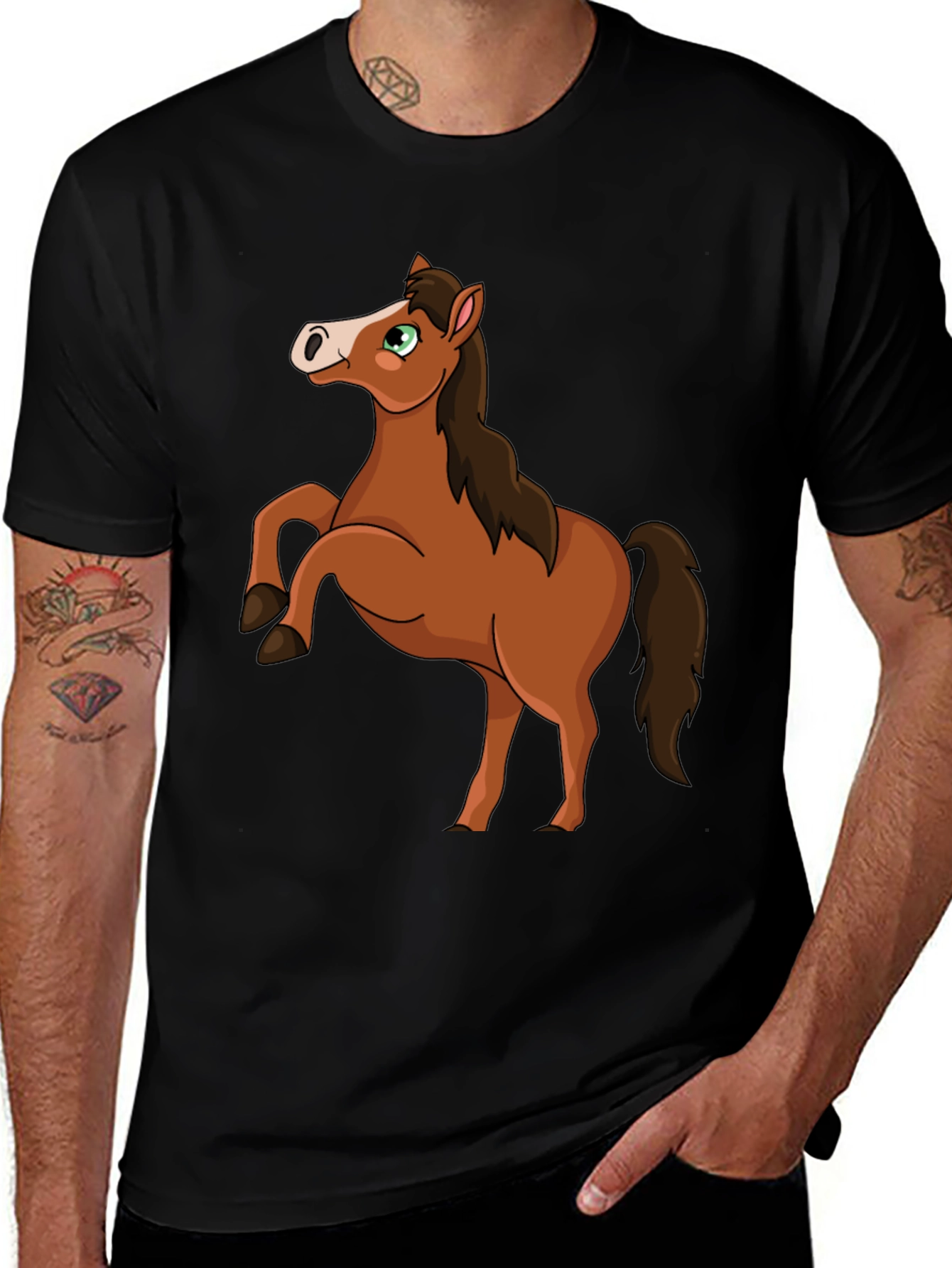 Variant 26 of Cartoon Horse Graphic T-Shirt - Black