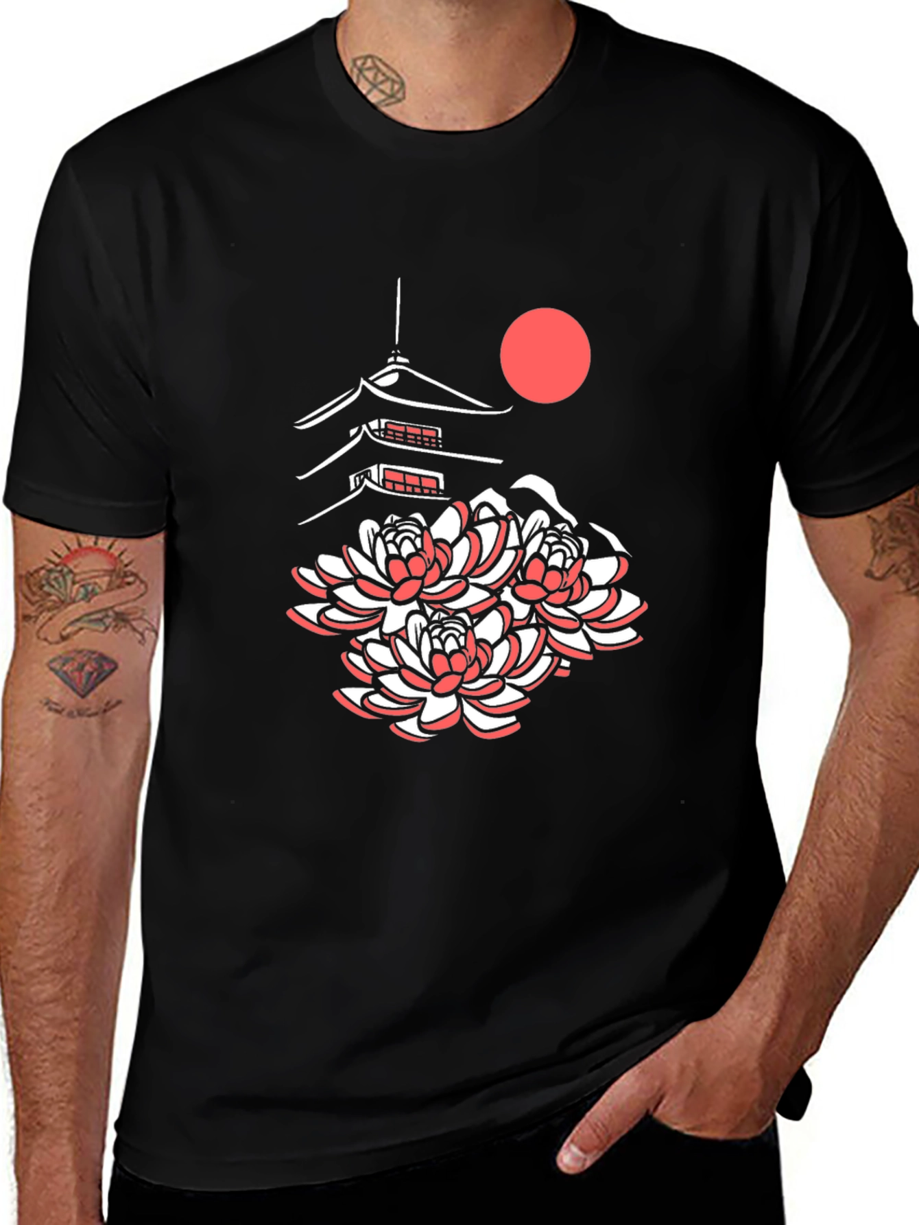 Variant 9 of Japanese Pagoda & Lotus Black Tee