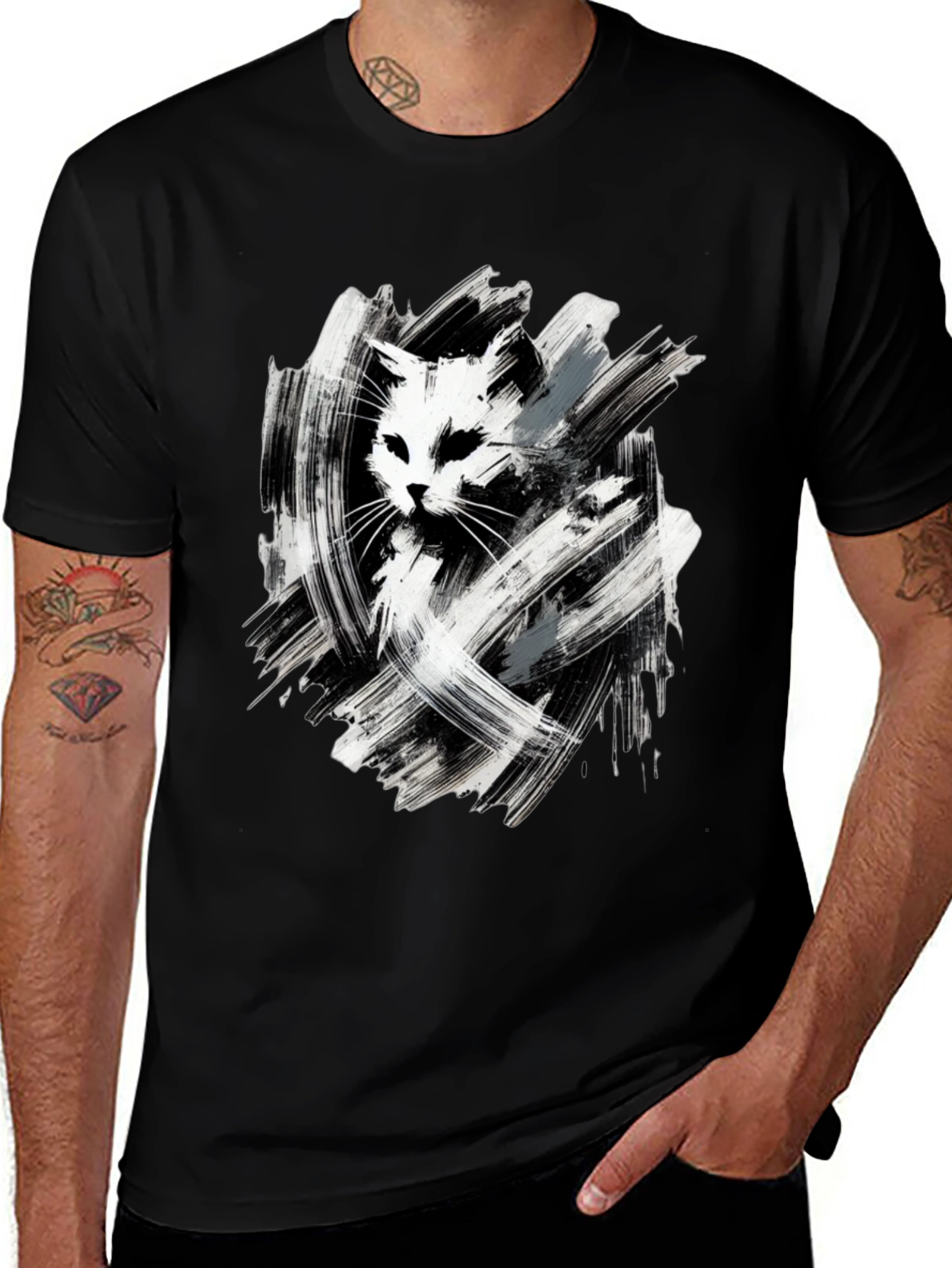 Variant 25 of Abstract Cat Graphic Tee - Black Cotton T-Shirt