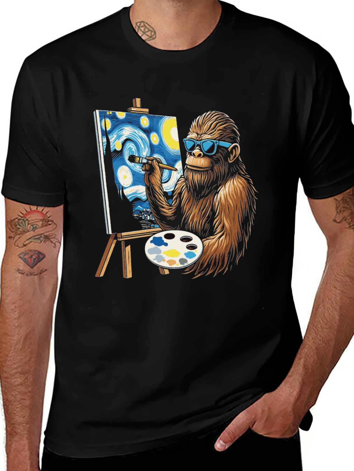 Bigfoot Painting Starry Night T-Shirt