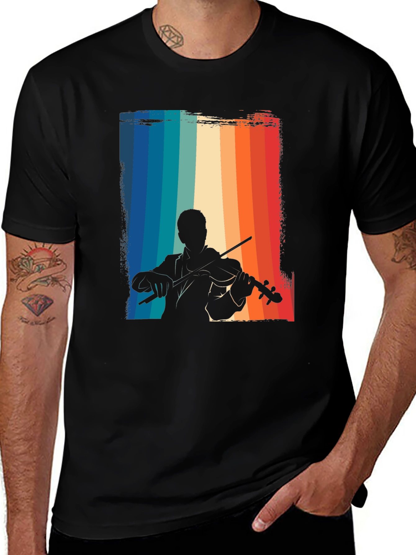 Variant 8 of Retro Violinist Graphic Tee - Black Cotton T-Shirt