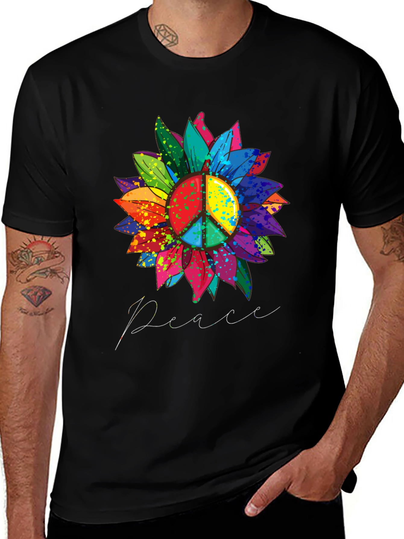 Variant 29 of Peace Sign Sunflower Graphic Tee - Black