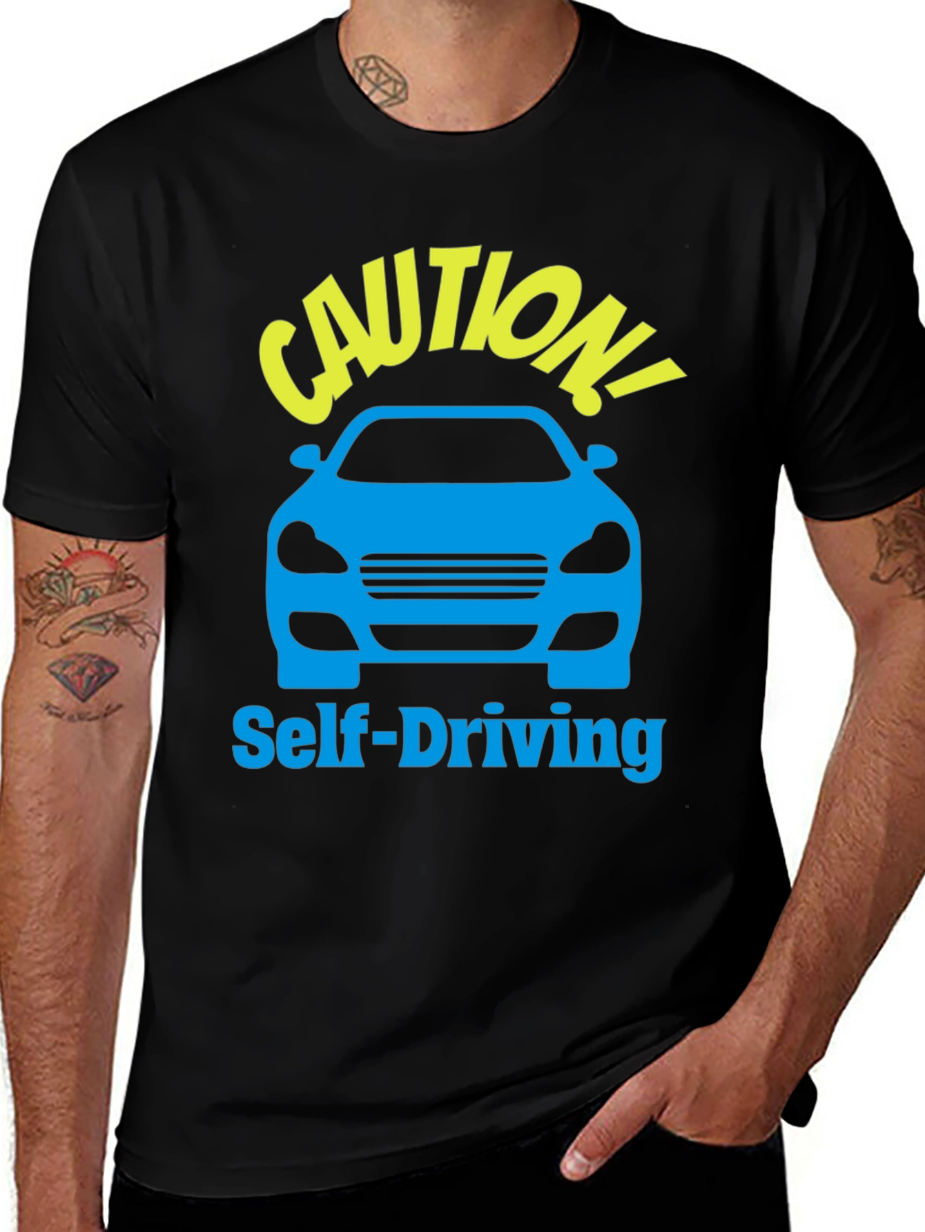 Caution Self-Driving Car Black T-Shirt