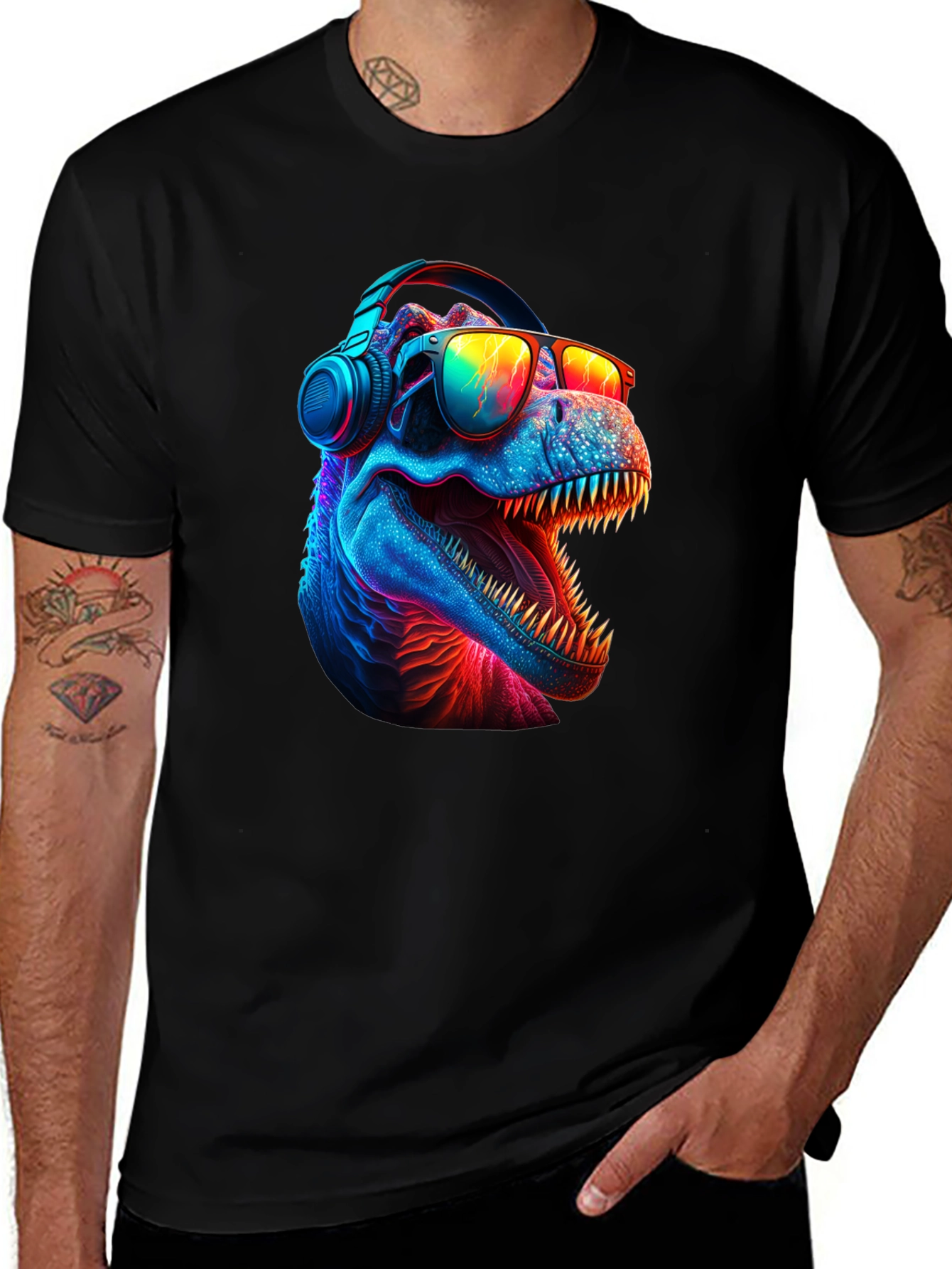 Variant 30 of Cool Dino T-Shirt - Dinosaur with Headphones & Sunglasses
