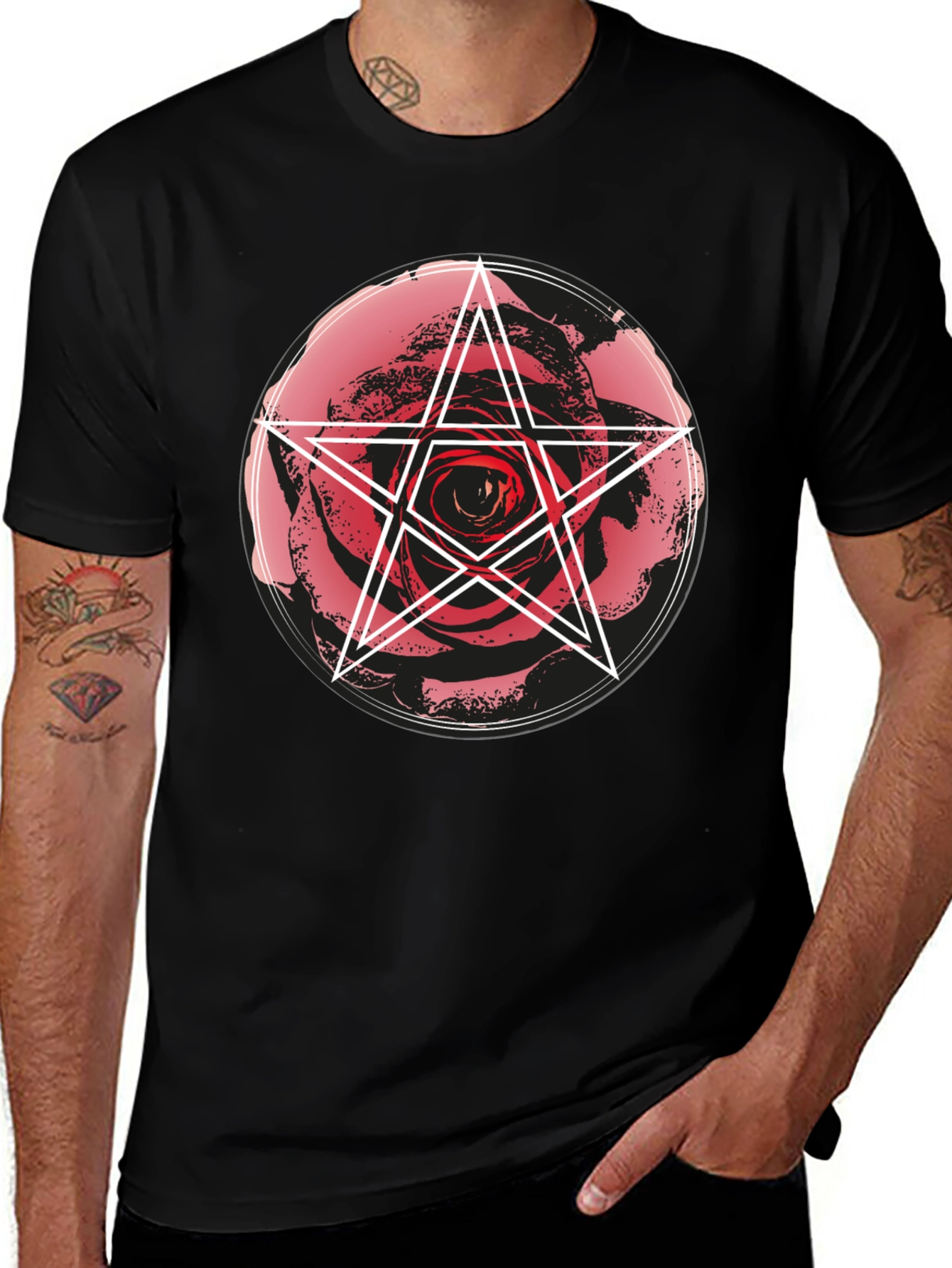 Variant 29 of Occult Rose & Pentagram Graphic Tee - Unisex Black T-Shirt