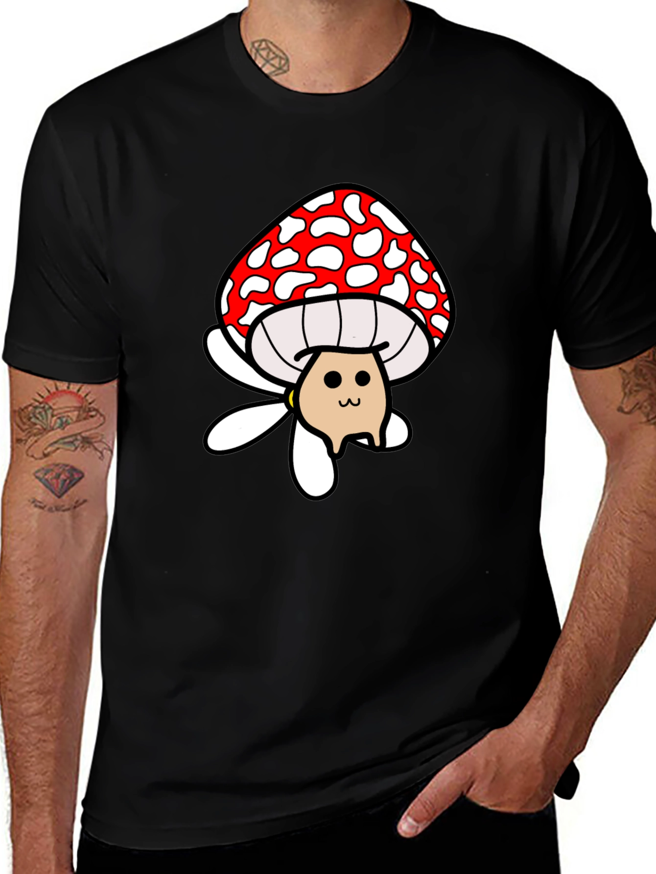 Variant 6 of Mushroom Cat Graphic Tee - Black Cotton Casual T-Shirt