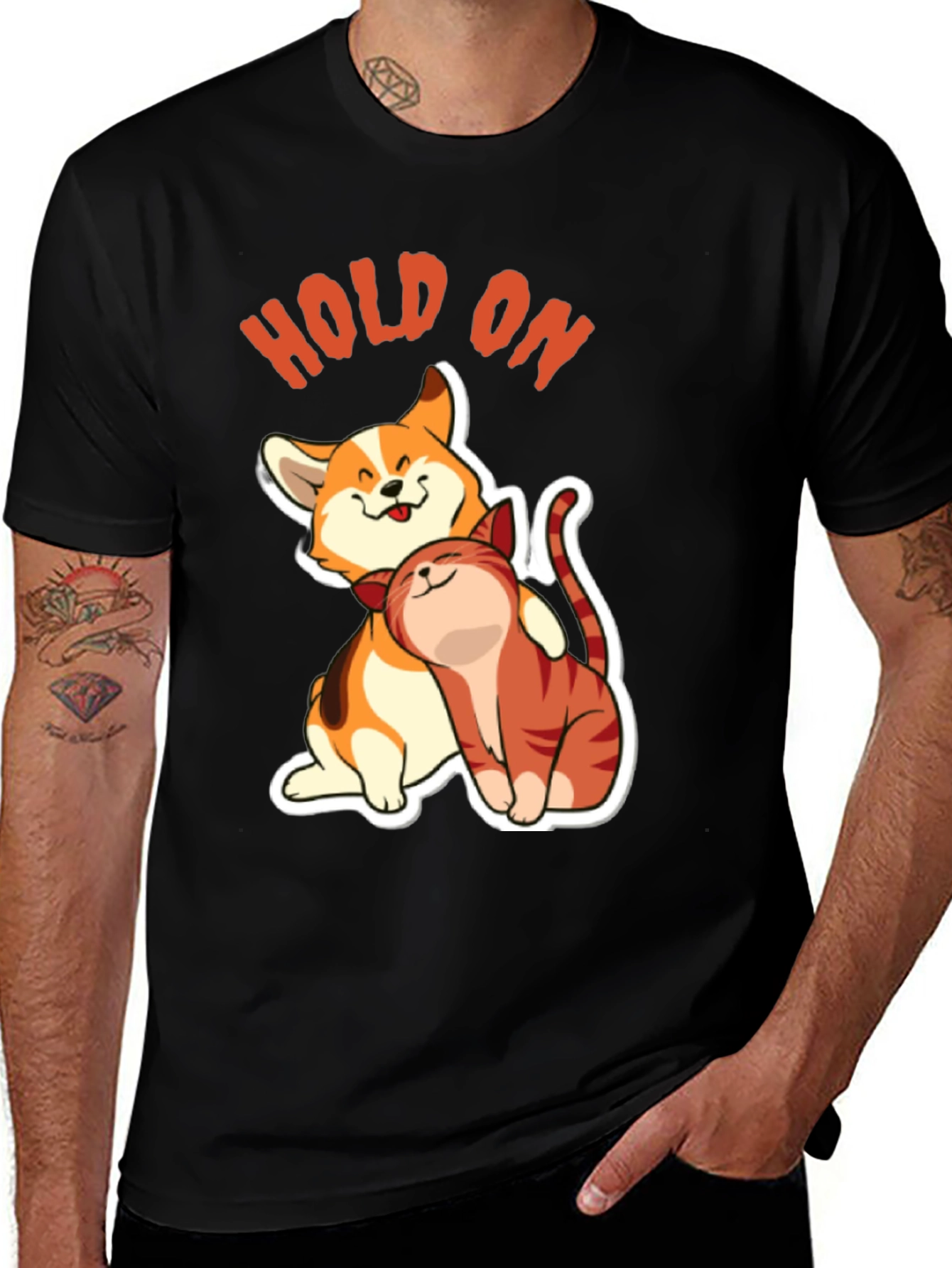 Cute Cat & Dog Hug T-Shirt - "Hold On" Graphic Tee