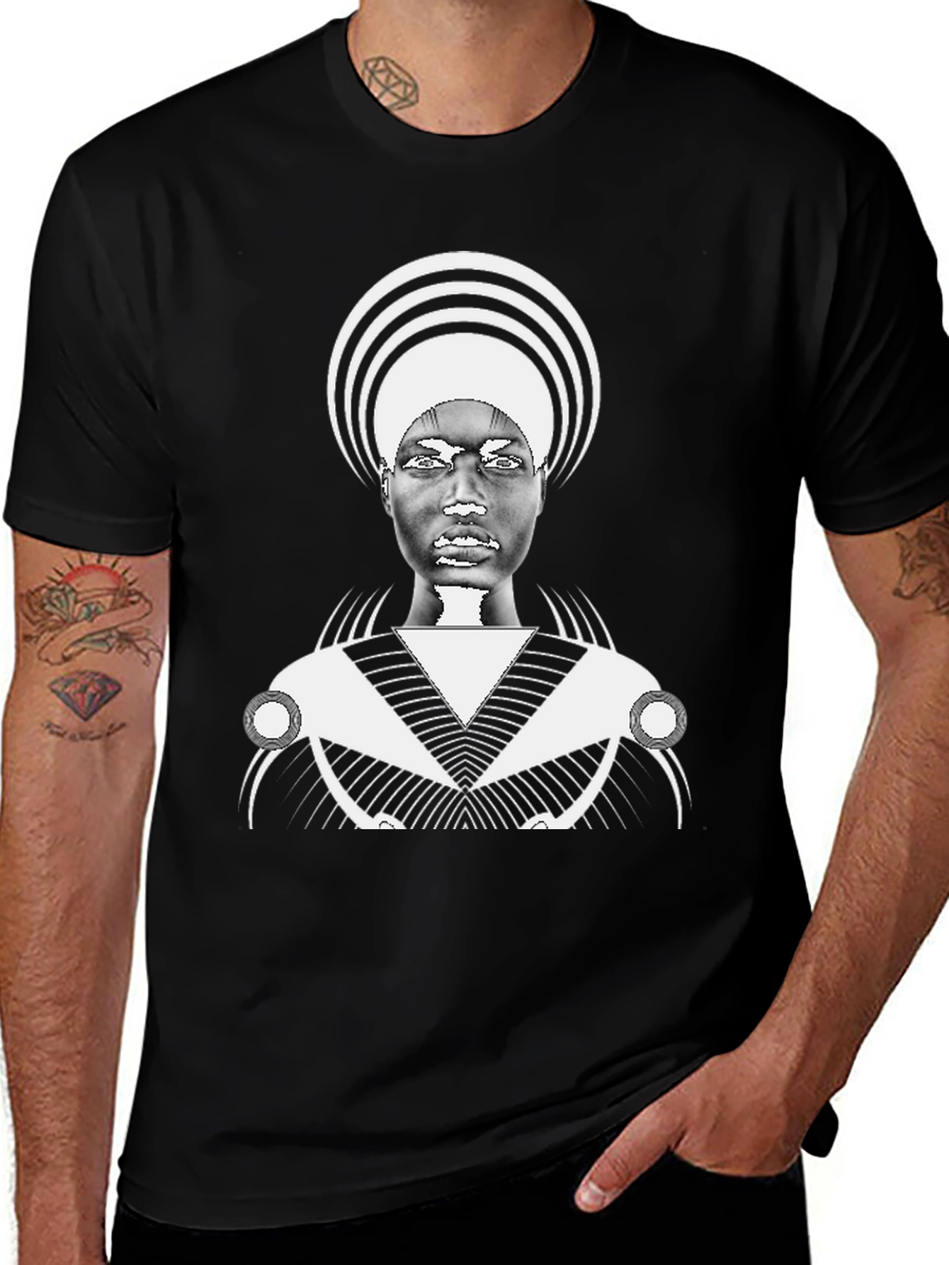 Variant 19 of Graphic Black Tee with Bold Afro-Futuristic Design