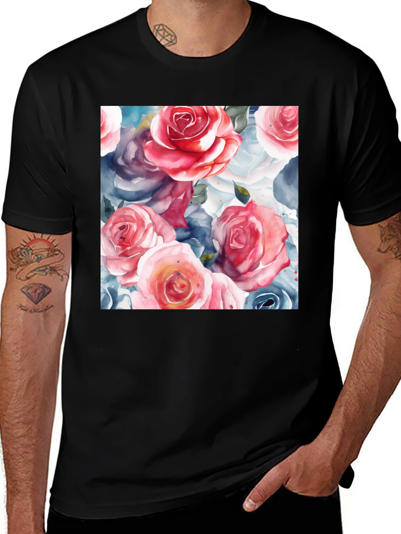 Variant 2 of Floral Rose Watercolor Print Black T-Shirt