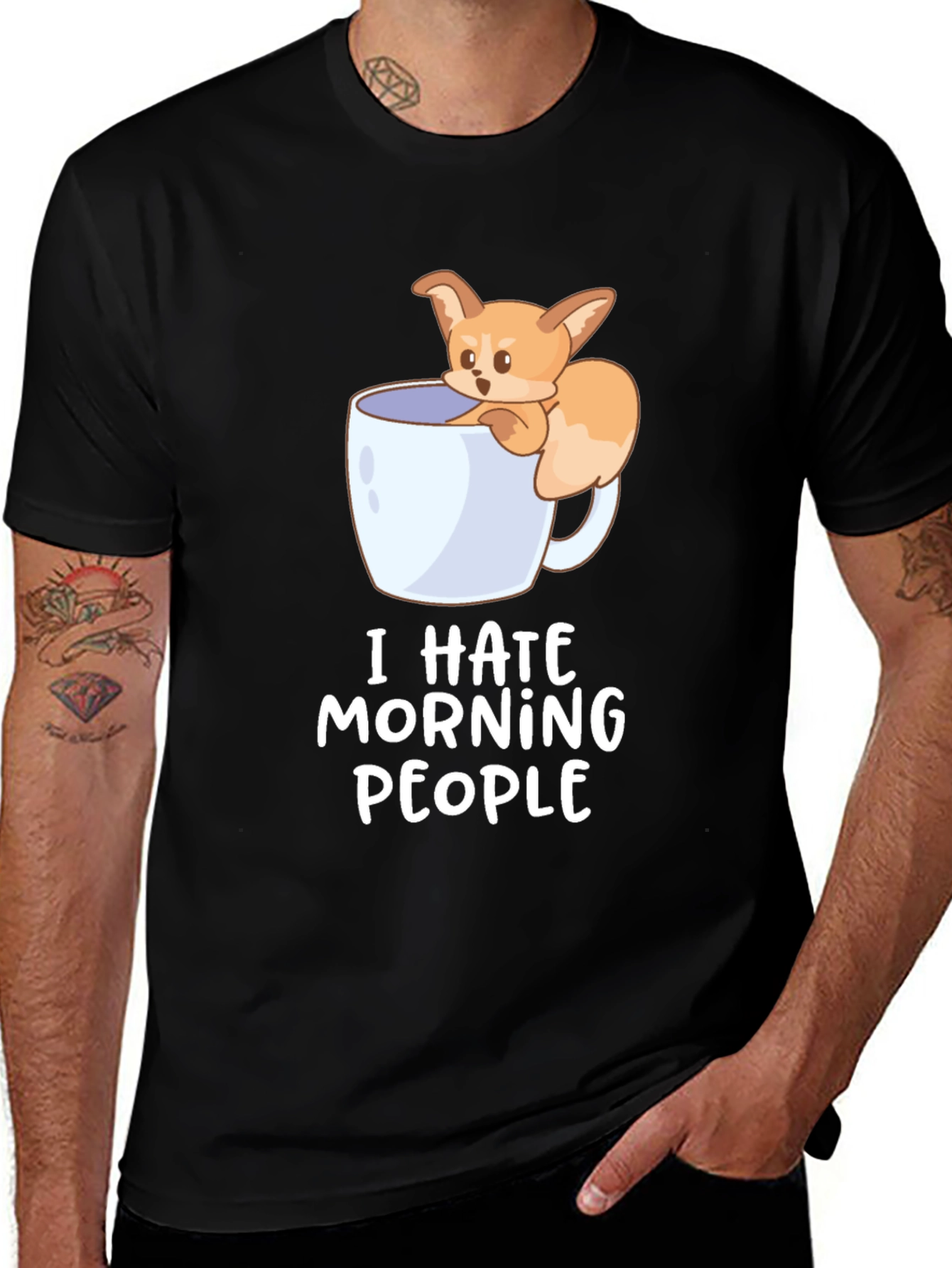 I Hate Morning People T-Shirt - Cute Fox in Coffee Cup