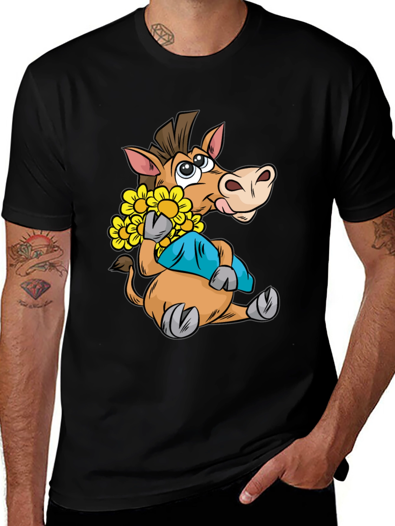Cartoon Horse T-Shirt with Flowers