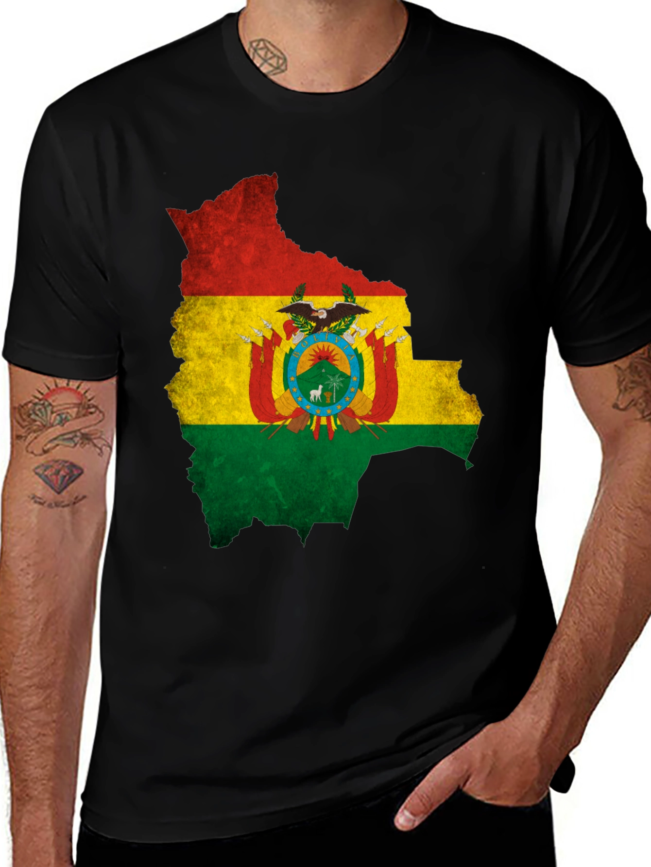 Bolivia Flag Map Black T-Shirt