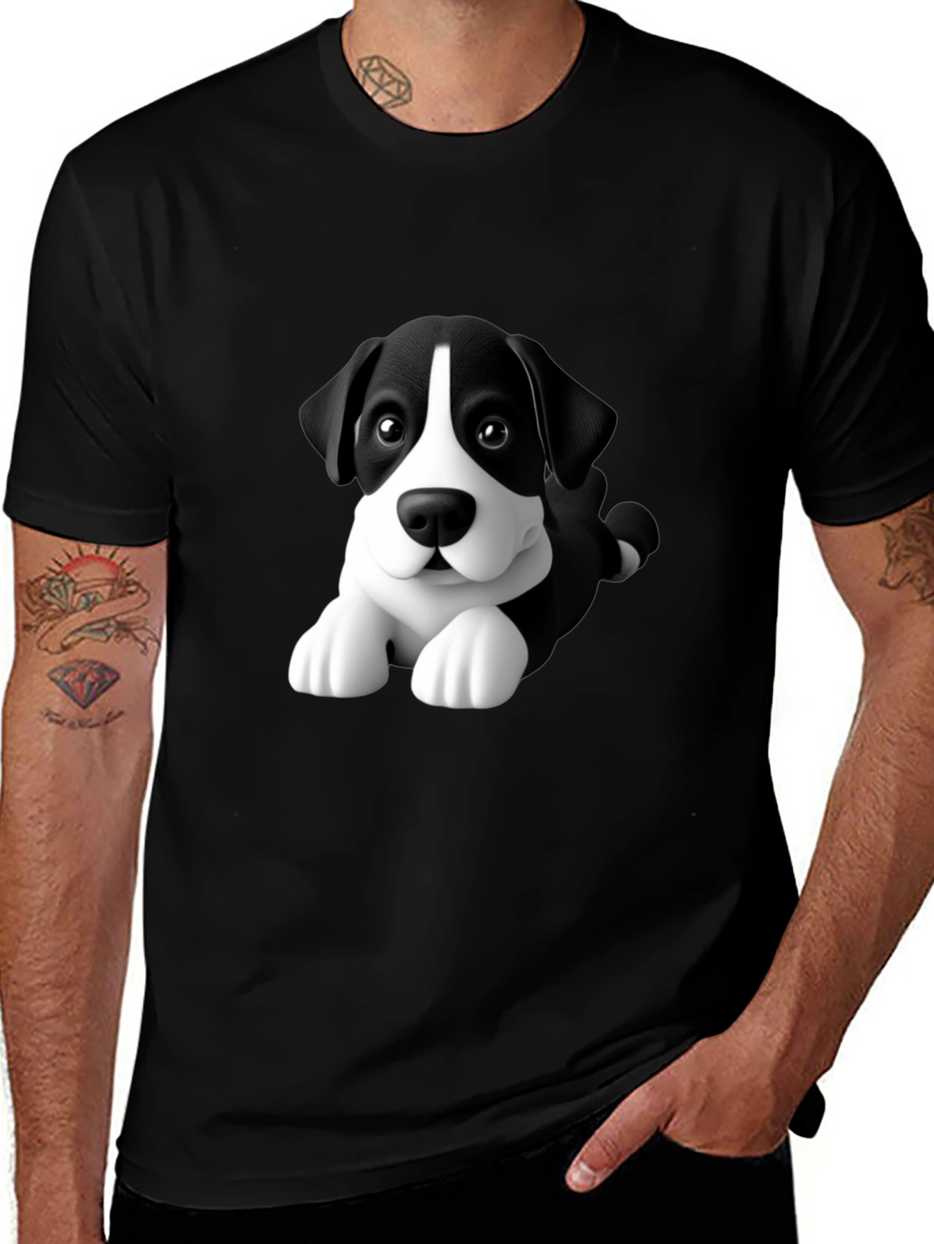 Cartoon Dog Graphic Tee - Men's Black T-Shirt