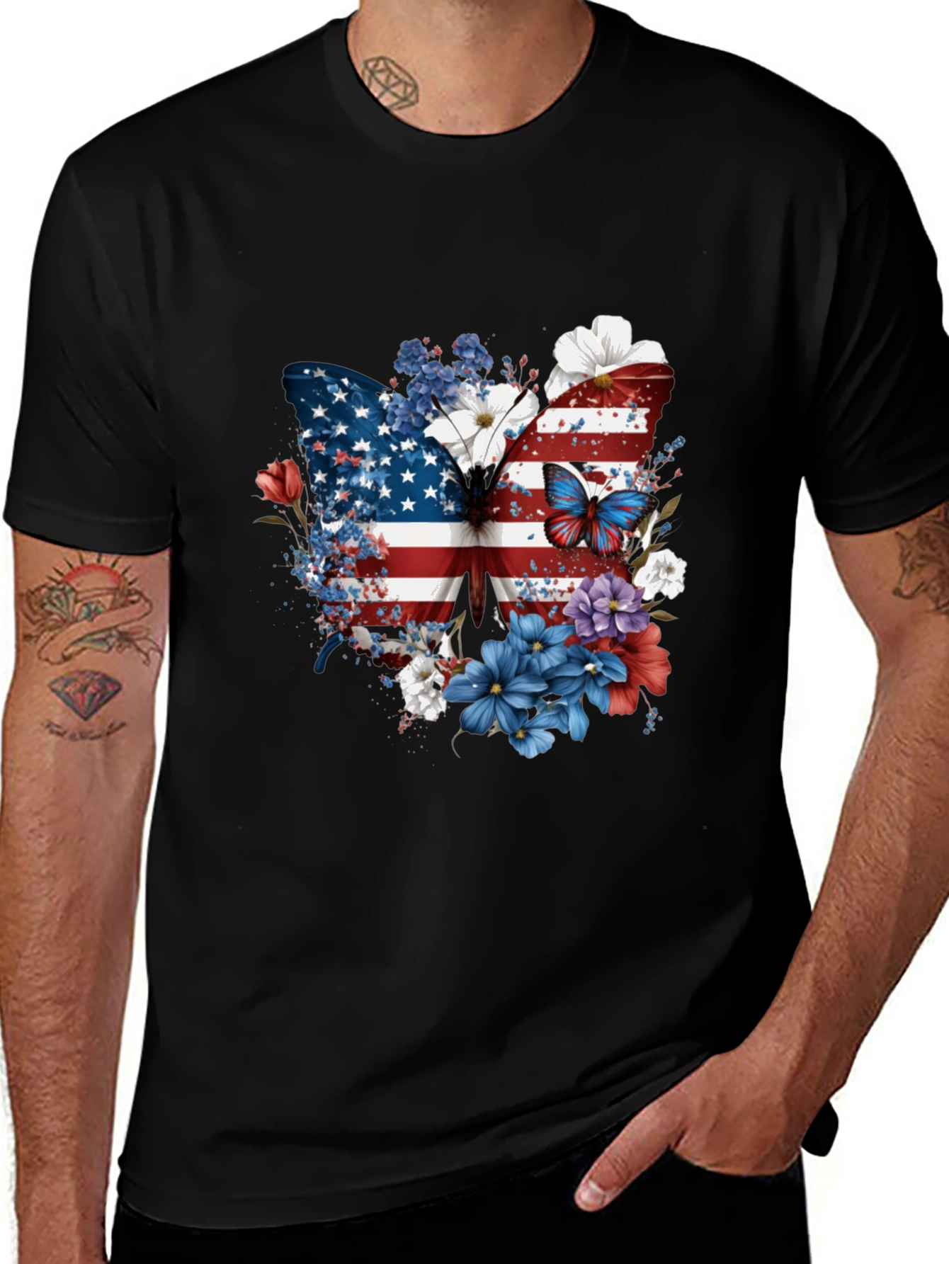 Variant 9 of Patriotic Butterfly Floral Graphic Tee - USA Flag
