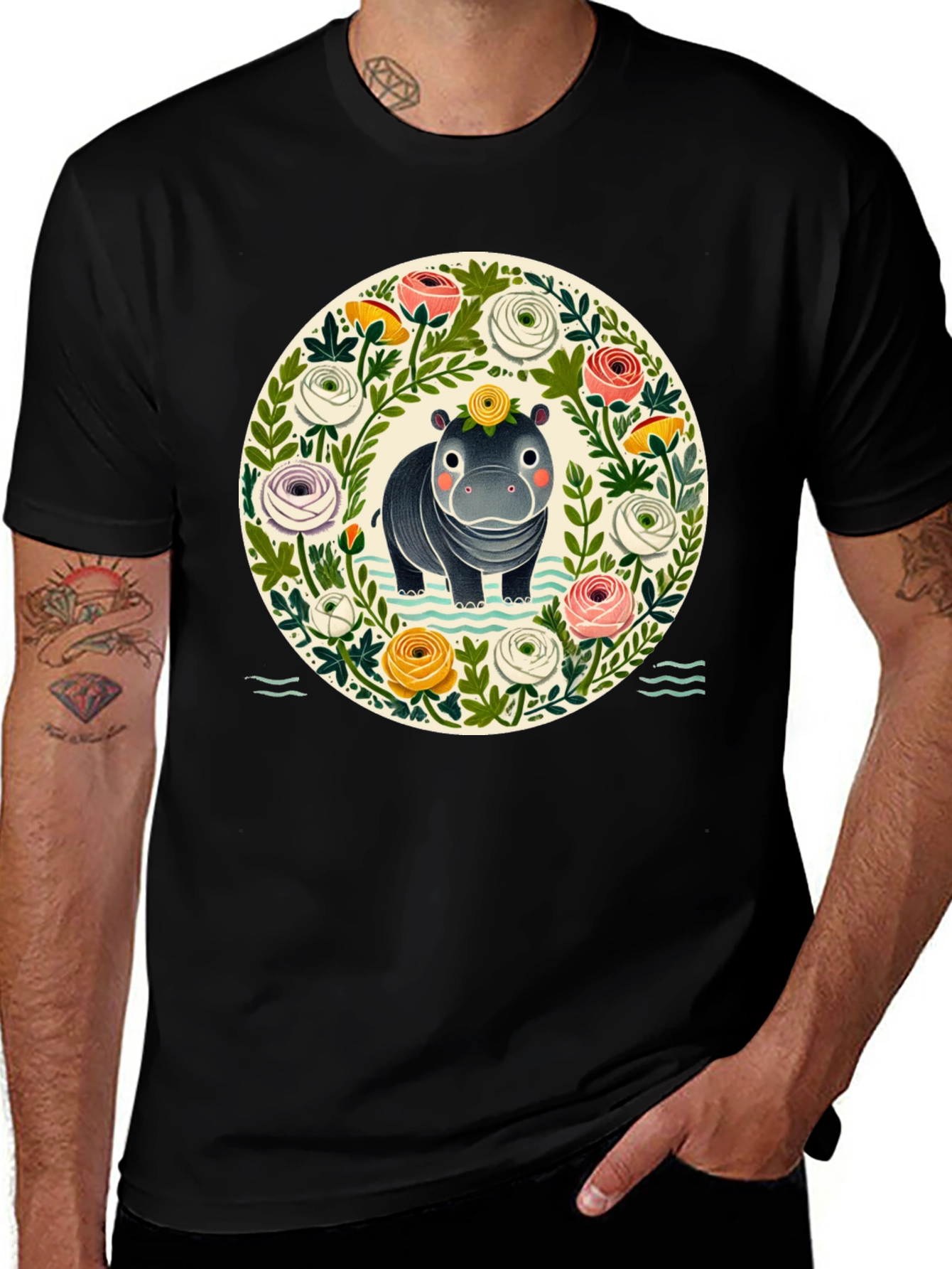 Floral Hippo Graphic Tee - Cute Animal Design