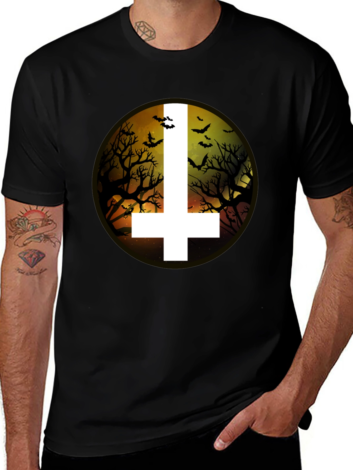 Variant 20 of Inverted Cross Halloween T-Shirt - Bat Tree Design