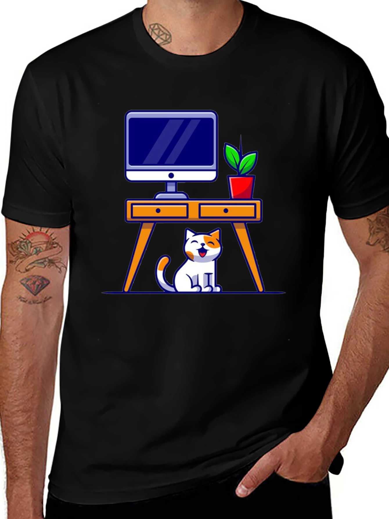 Cat at Desk Graphic T-Shirt
