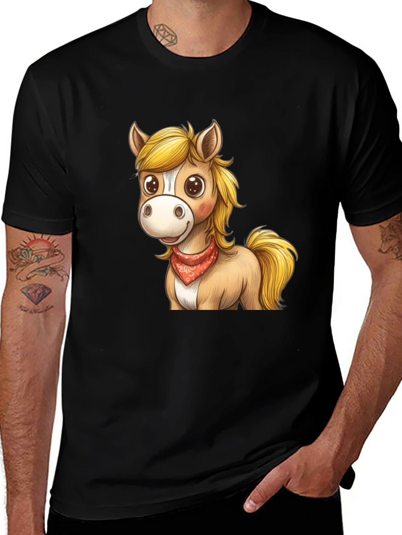 Variant 12 of Cute Cartoon Horse Graphic Tee - Unisex Black T-Shirt