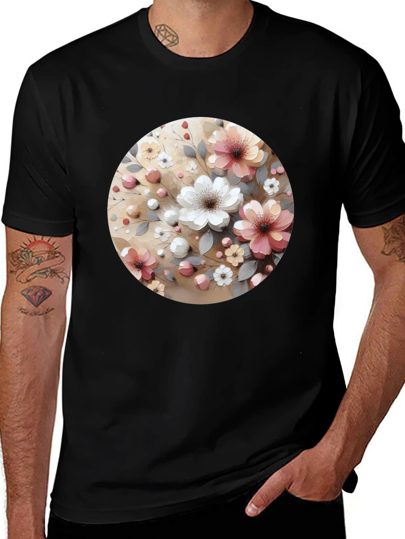 Variant 4 of Floral Circle Print Black Casual Tee