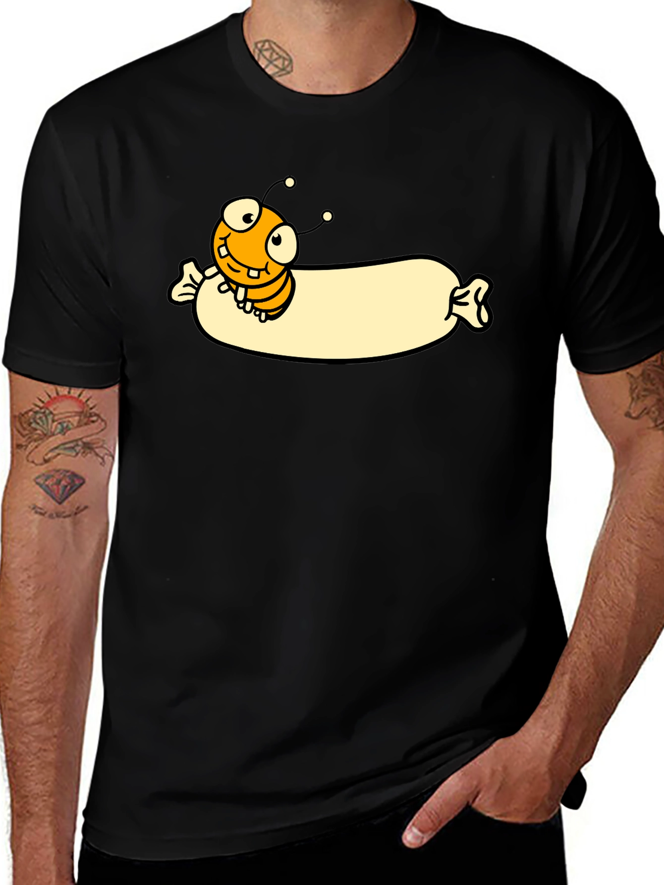Variant 5 of Funny Cartoon Bee on Sausage T-Shirt