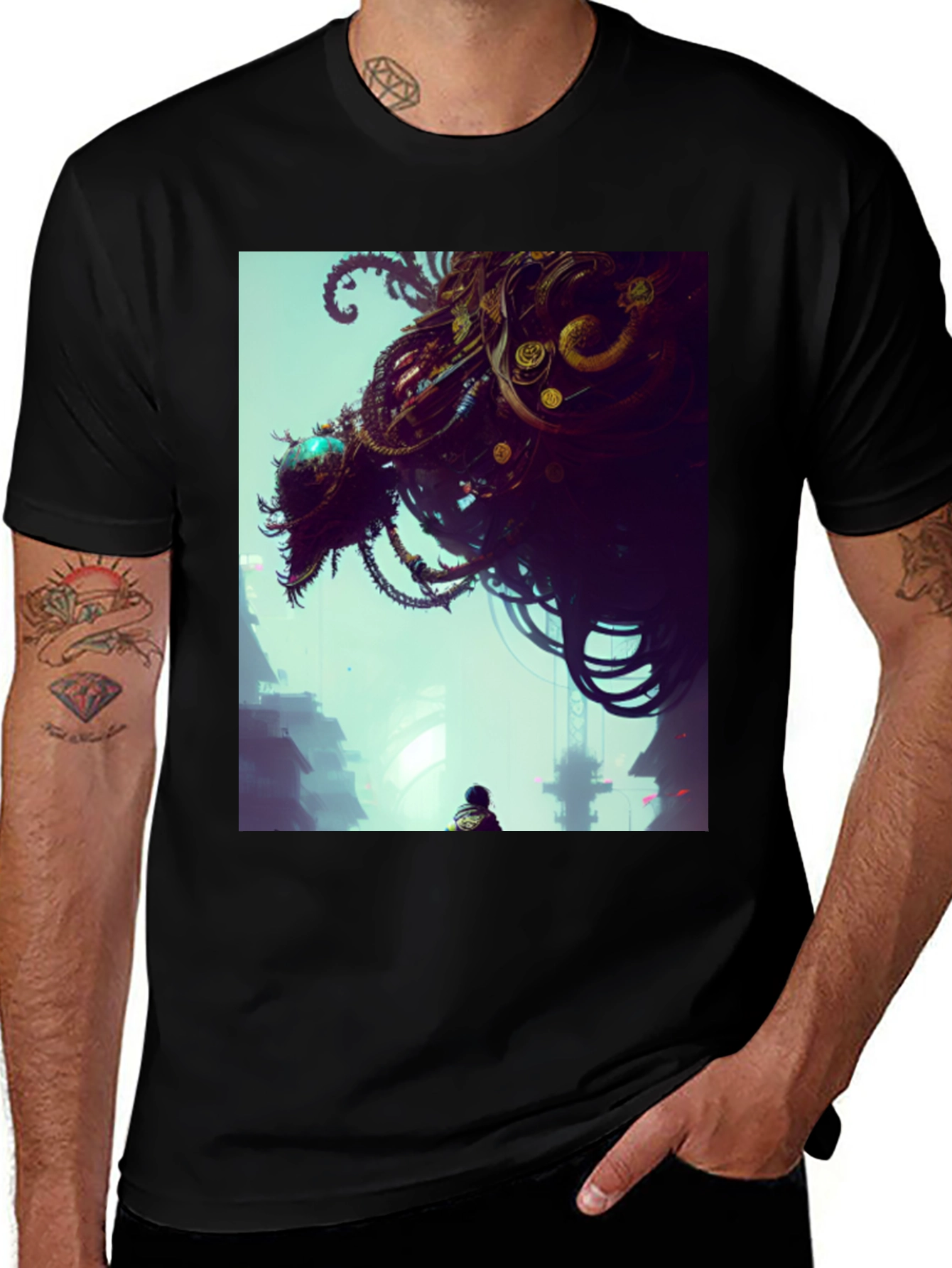 Variant 17 of Cyberpunk Creature Graphic Tee - Men's Black T-Shirt
