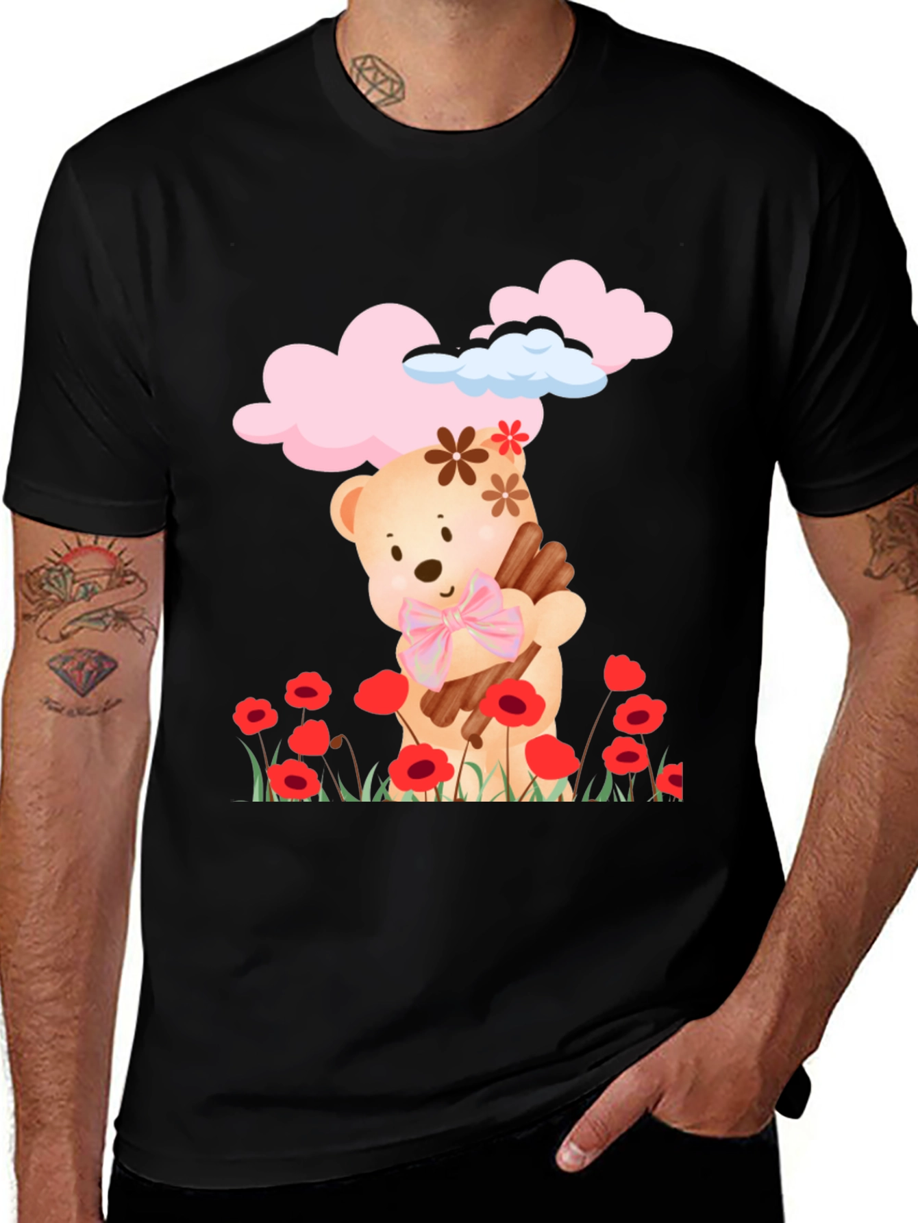 Variant 7 of Cute Bear Graphic T-Shirt - Floral and Cloud Design