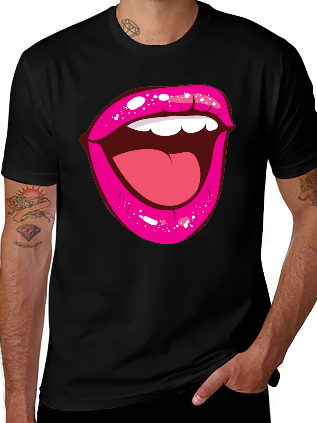 Variant 27 of Bold Lips Graphic Tee - Trendy Black Cotton Shirt
