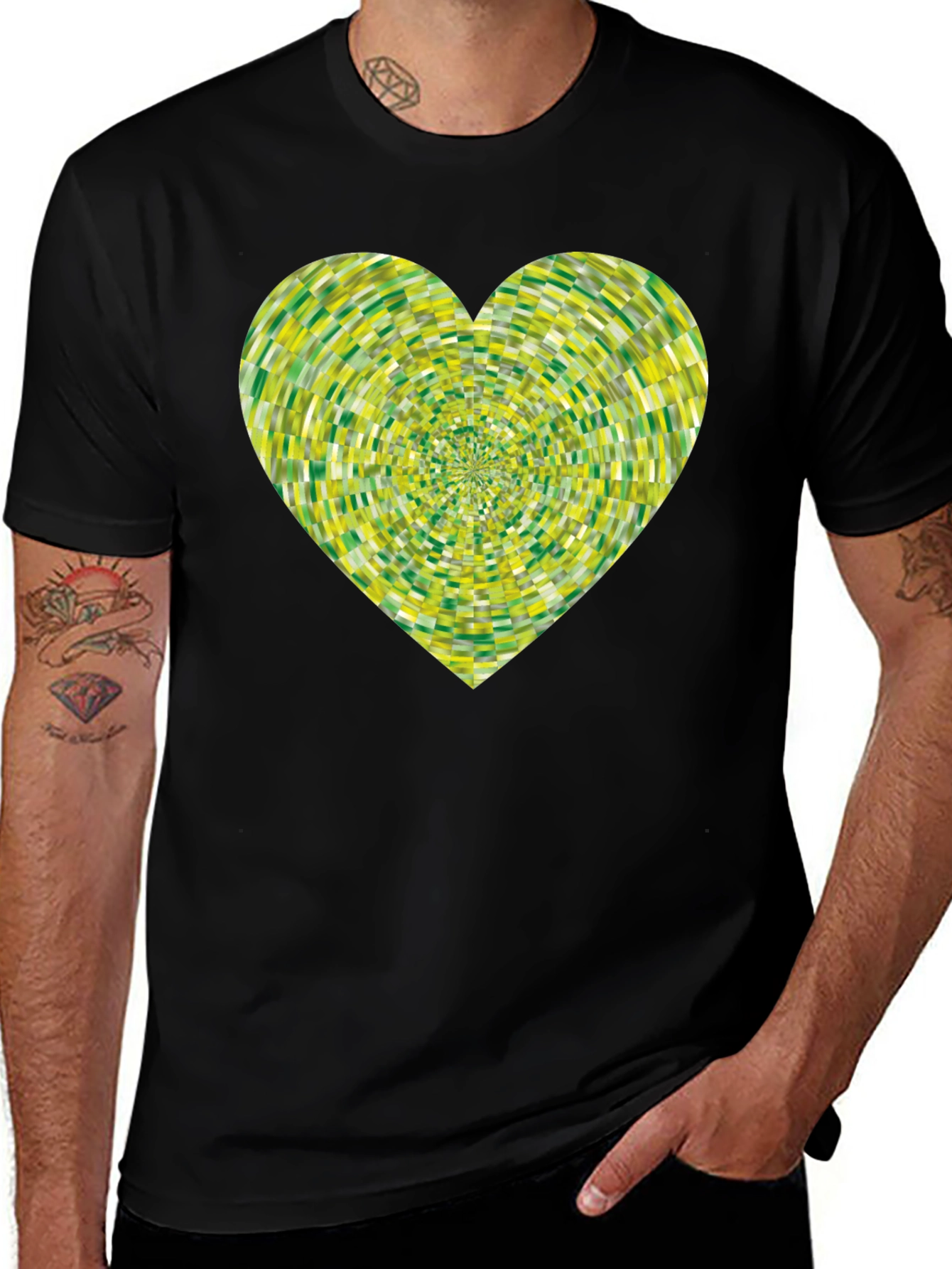 Green Heart Mosaic Black T-Shirt