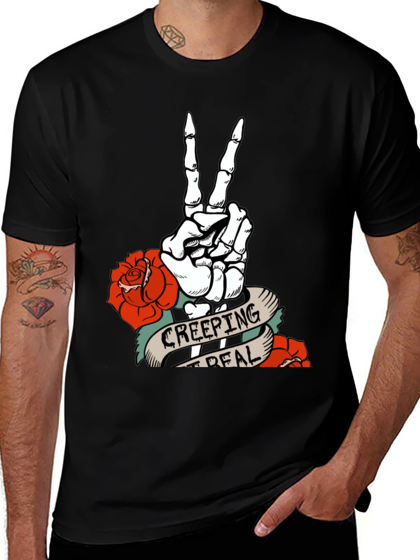 Variant 23 of Creeping It Real Skeleton Peace Sign T-Shirt