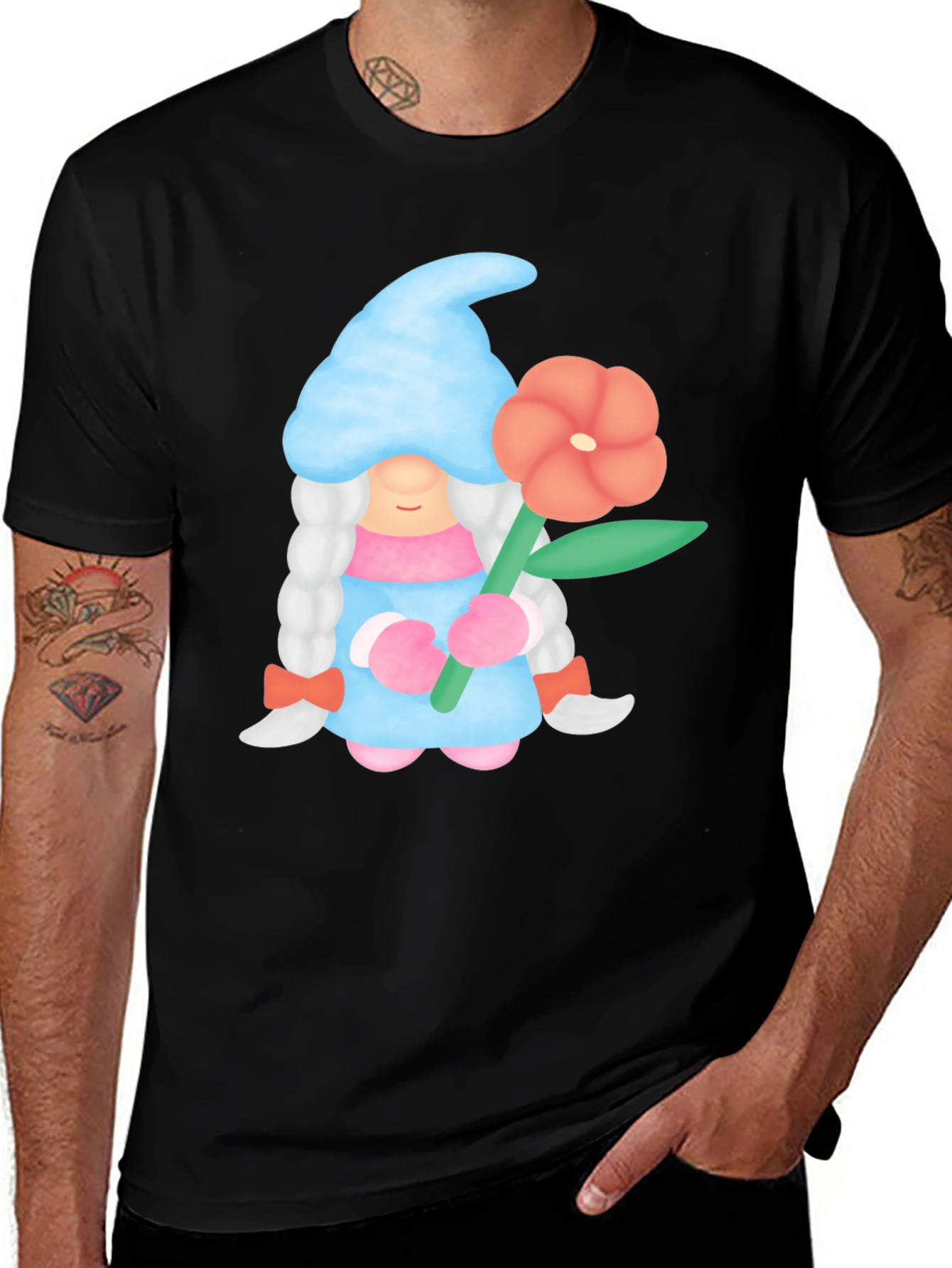 Variant 5 of Gnome Holding Flower Black T-Shirt