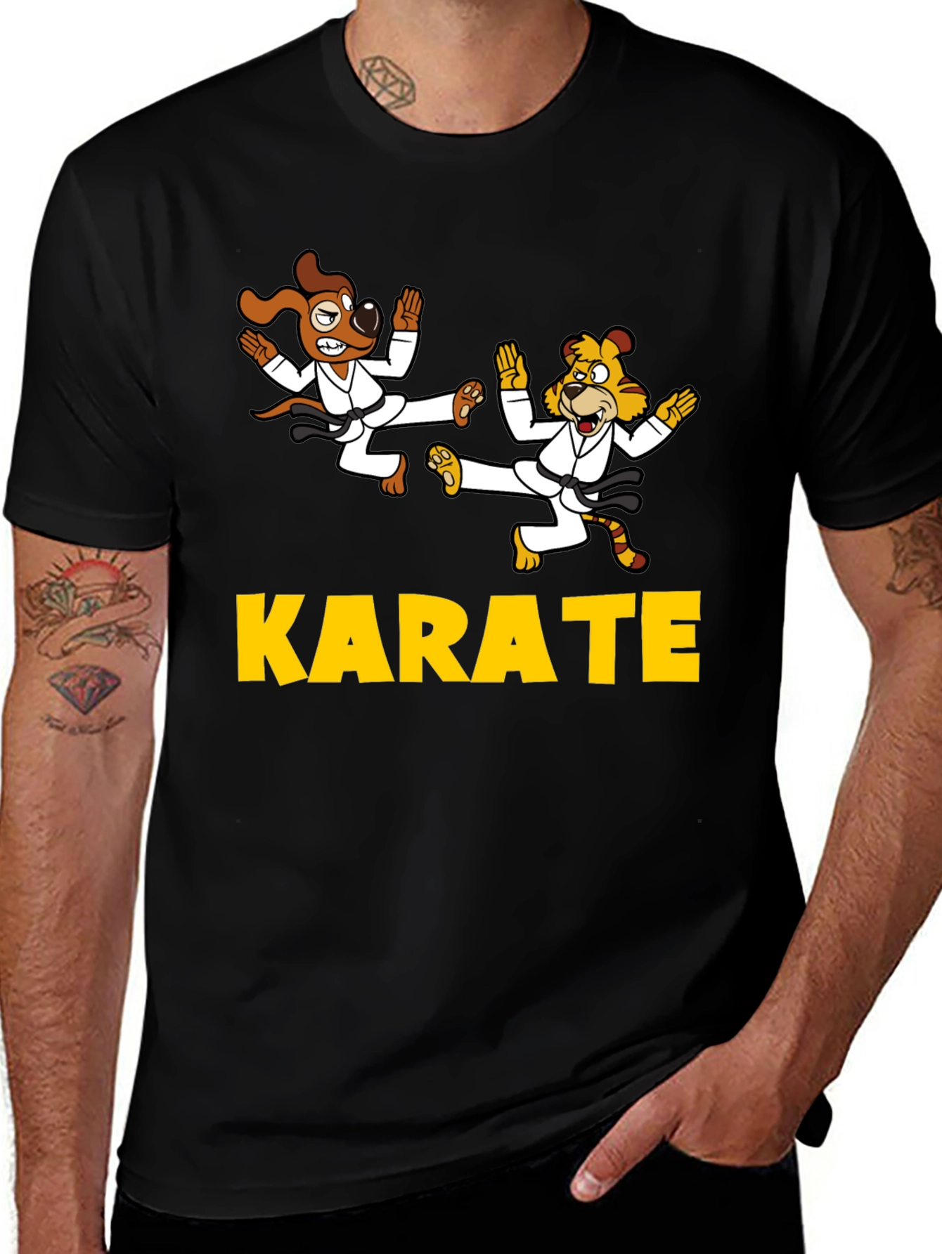 Karate Dog & Tiger Black T-Shirt